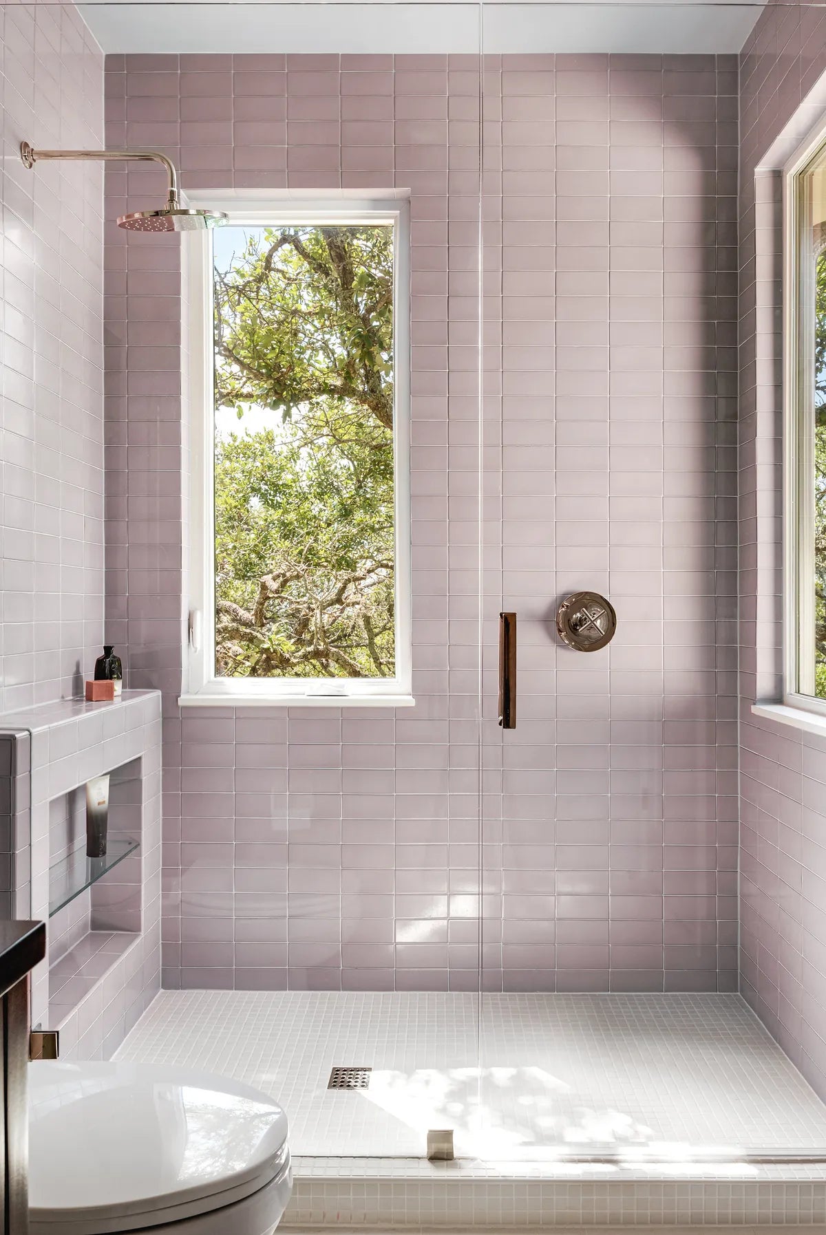 New traditional pink subway shower tile niche 1