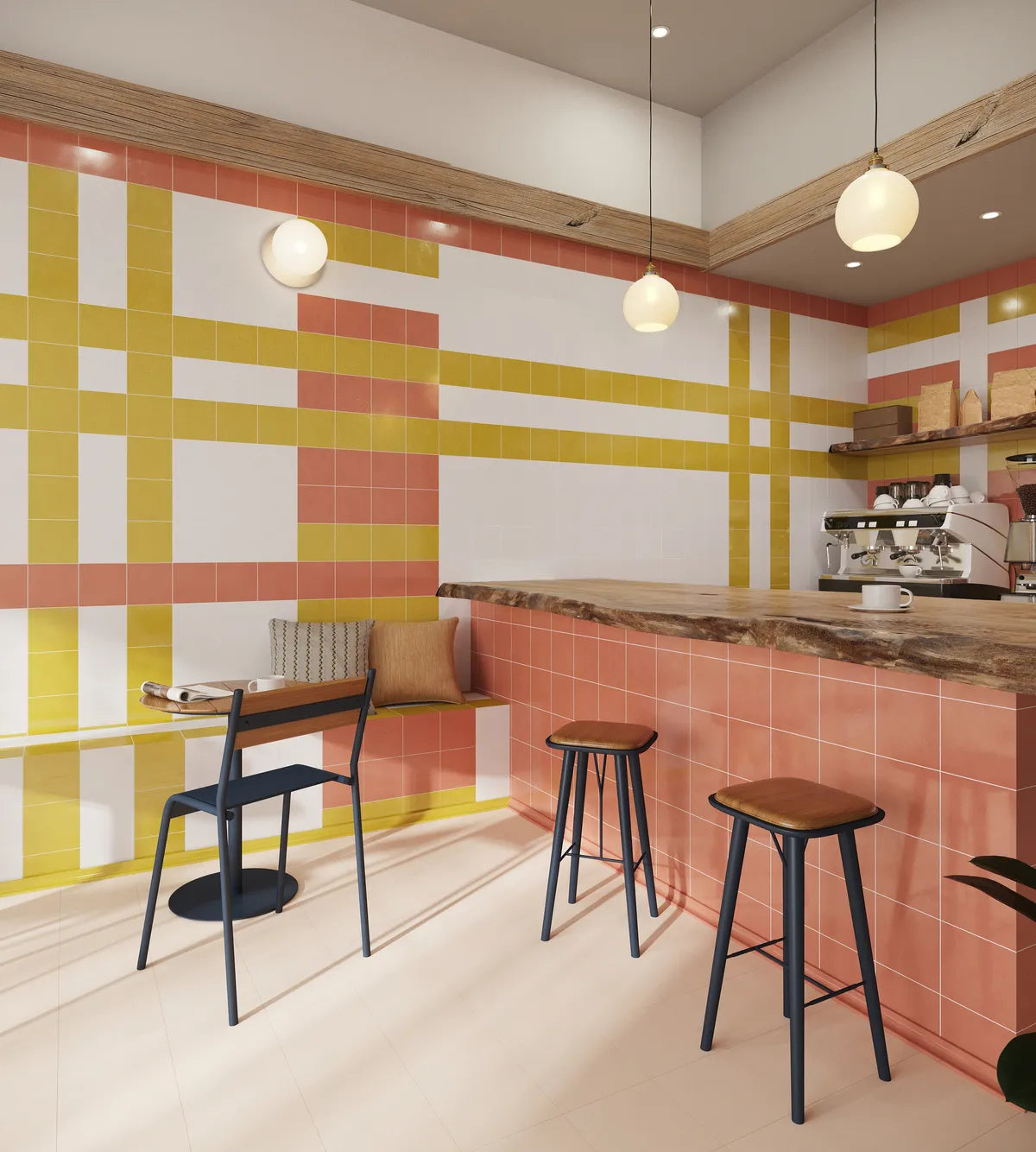Photorealistic rendering natural press tile 6x6 azo green madder red gesso gloss walls tumbleweed floor commercial restaurant angle view