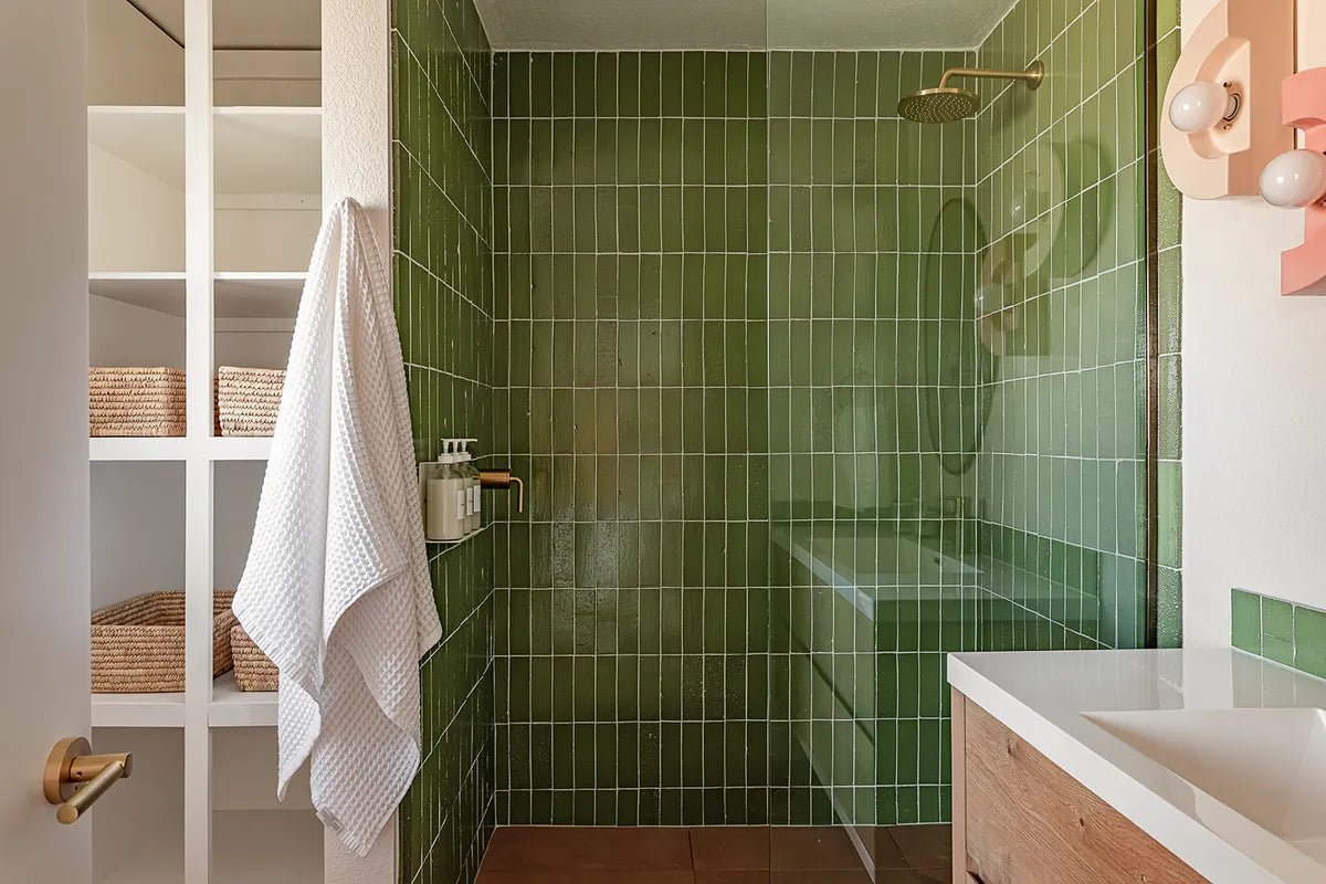 Scandinavian green shower tile bathroom studio collab 4