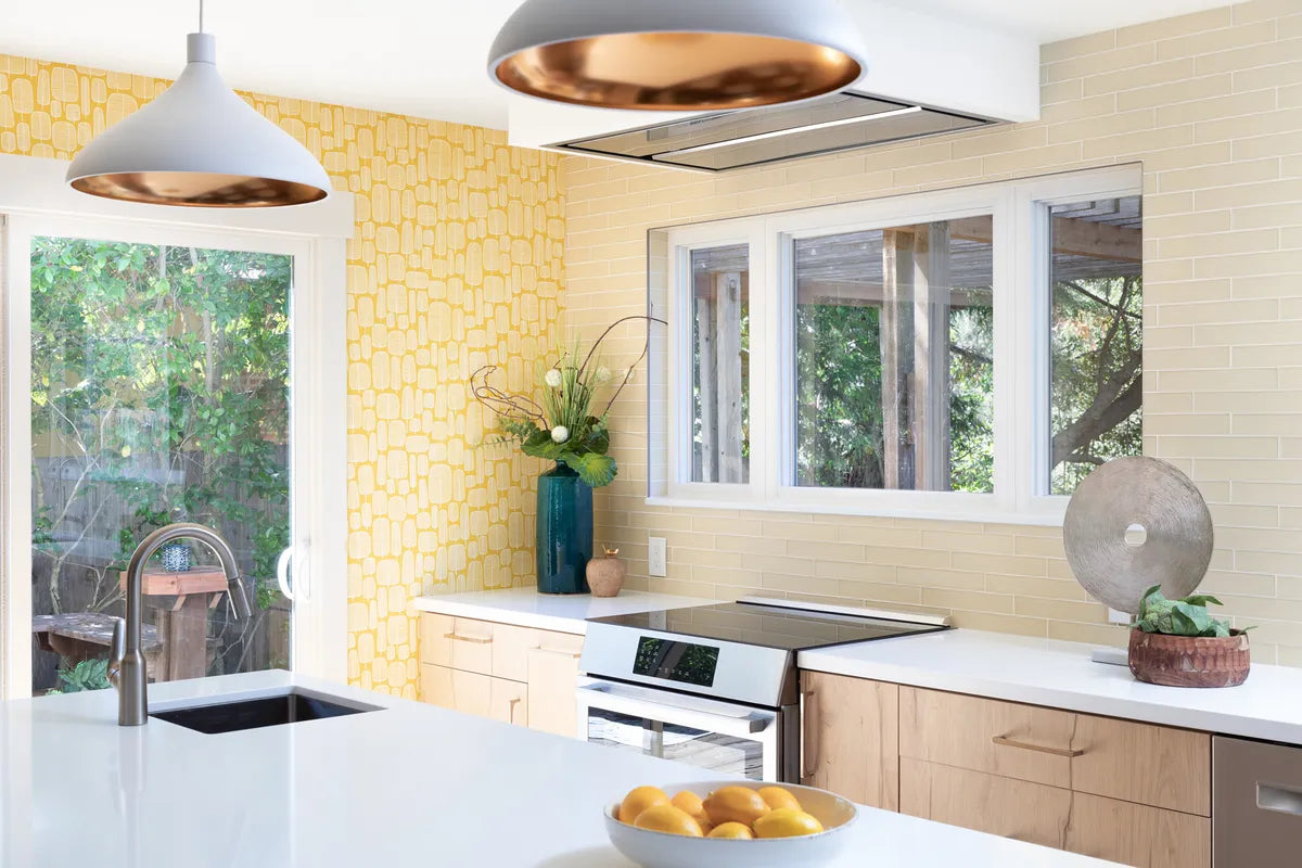 Transitional yellow glass tile kitchen backsplash 2