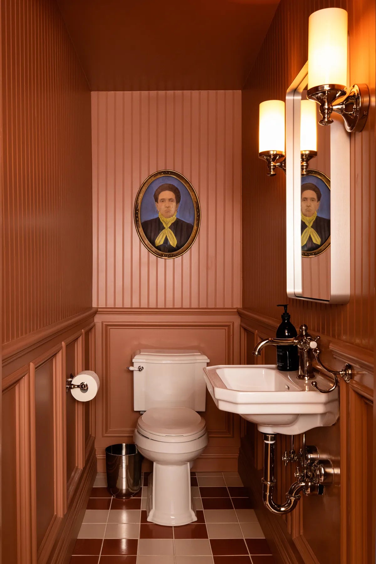 Traditional transitional bathroom red white tile checkerboard floor 1