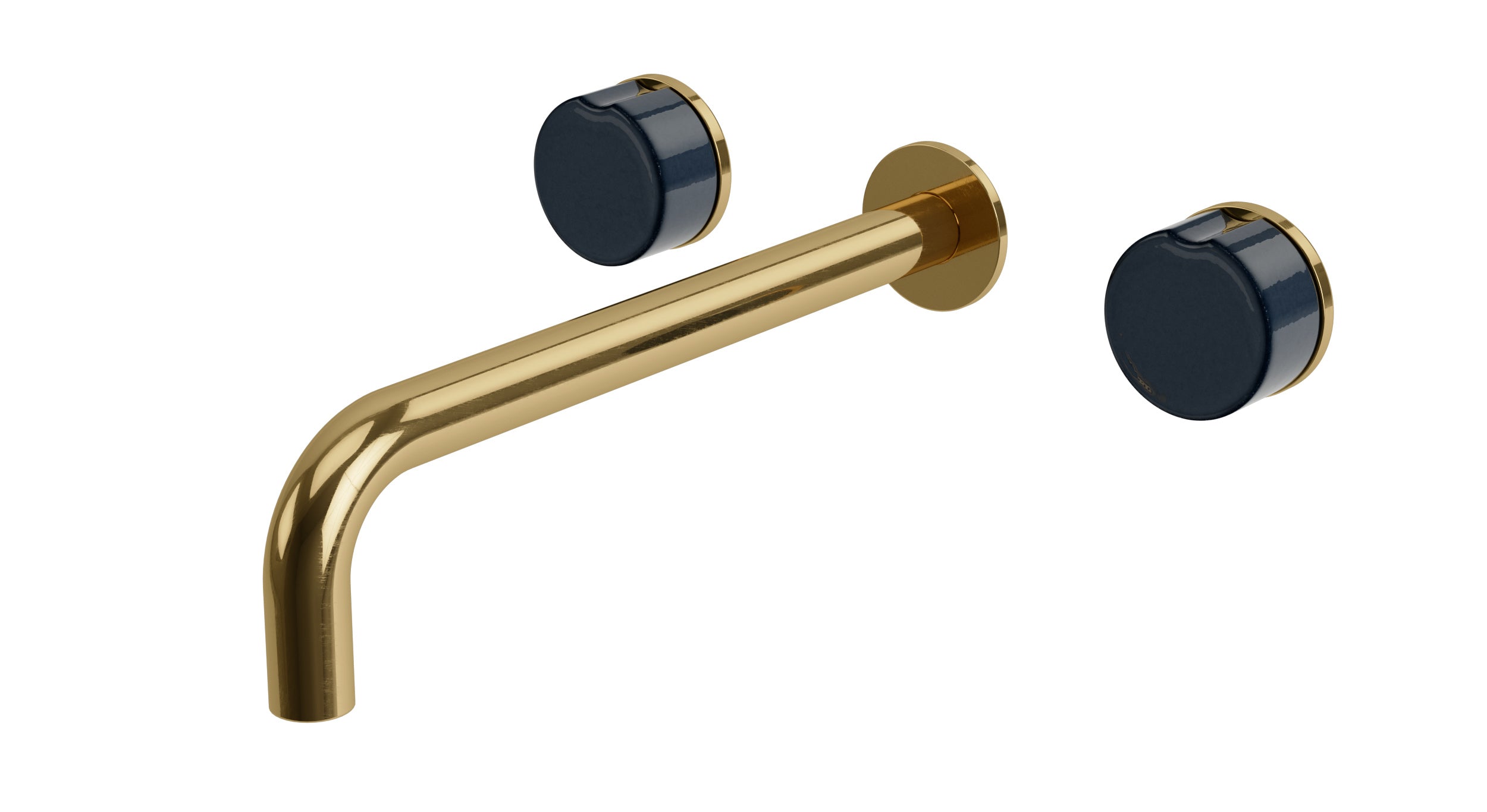 Foundry Two Handle Wall Mount 10" Lavatory Faucet with Groove Ceramic Knob Handles in Uncoated Polished Brass