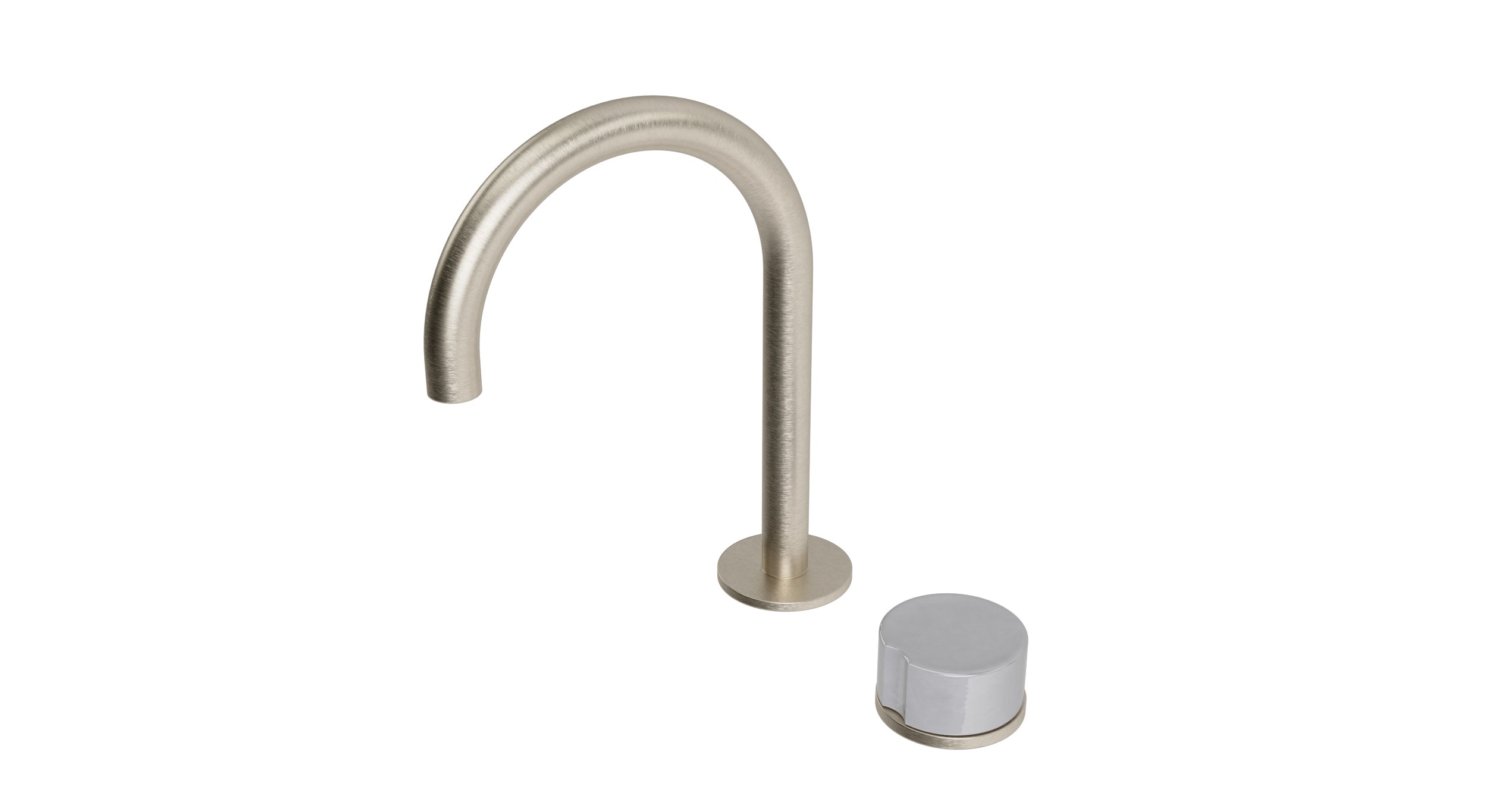 Foundry One Handle Deck Mount Gooseneck Lavatory Faucet with Groove Ceramic Knob Handle in Satin Nickel