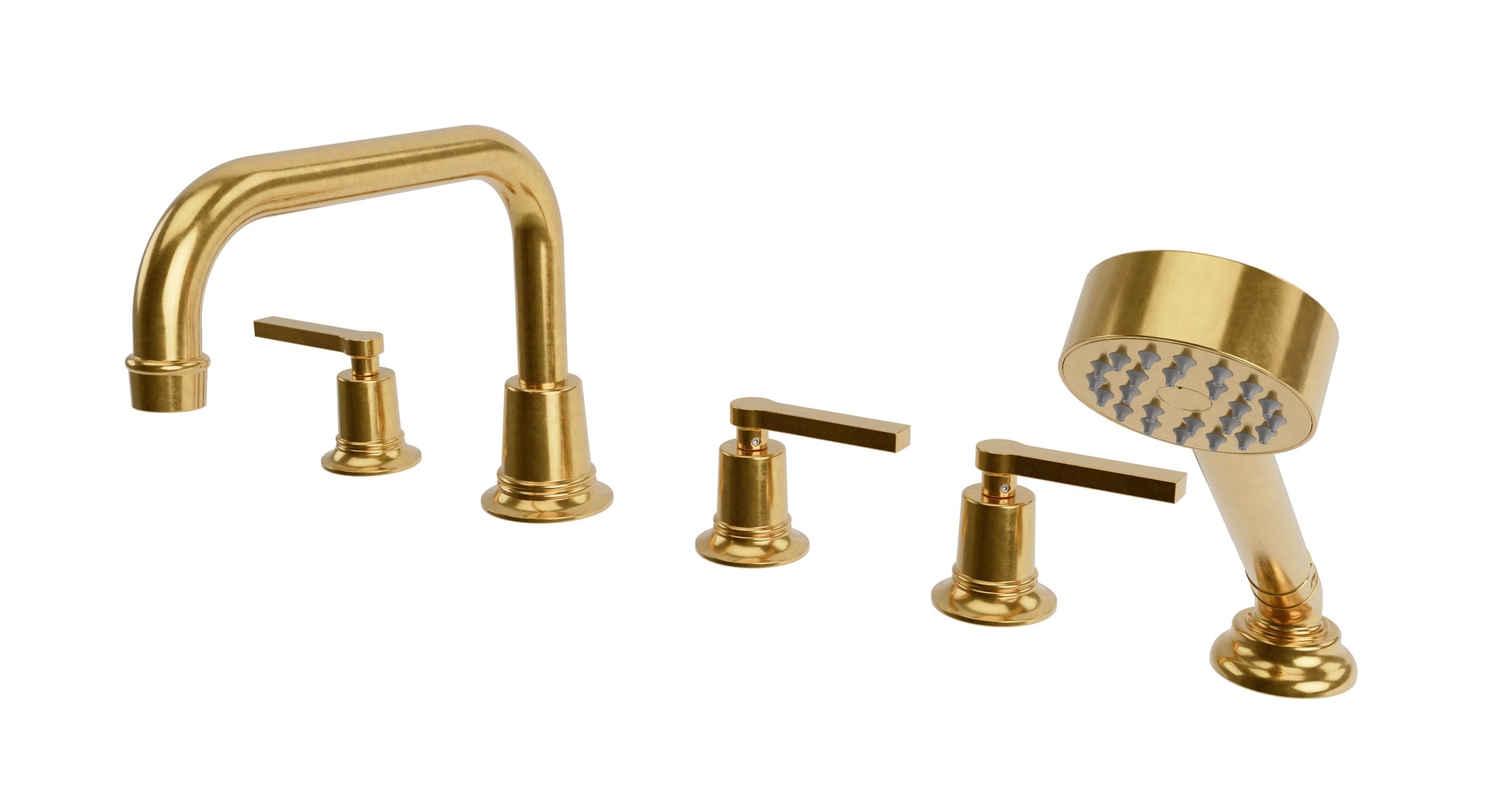 Emerson Three Handle Deck Mount Squaretop Bath Trim with Hand Shower and Classic Lever Handles in French Brass