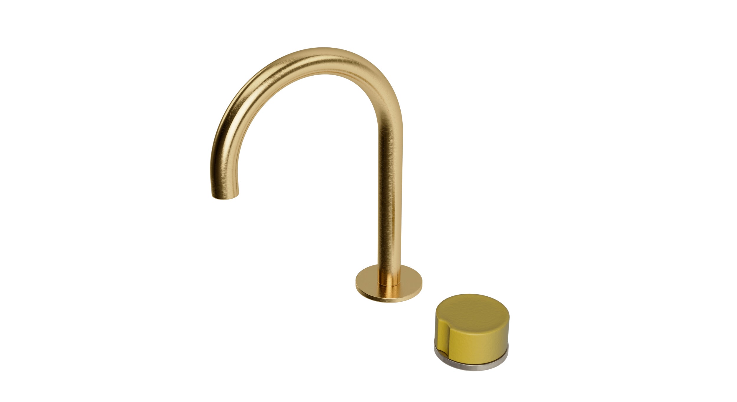 Foundry One Handle Deck Mount Gooseneck Lavatory Faucet with Groove Ceramic Knob Handle in Satin Brass