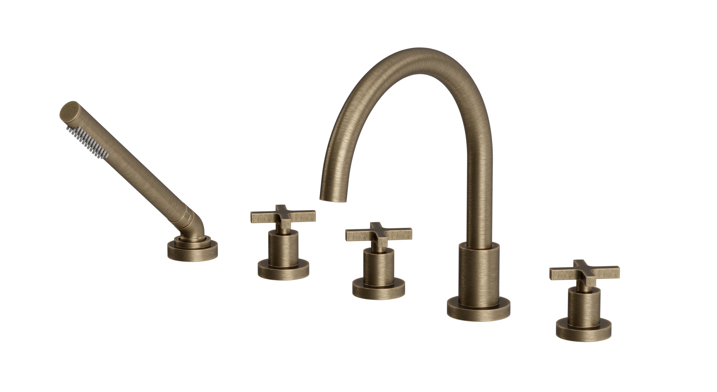 Flatiron Three Handle Deck Mount Gooseneck Bath Trim with Hand Shower and Linear Cross Handles in Antique Brass