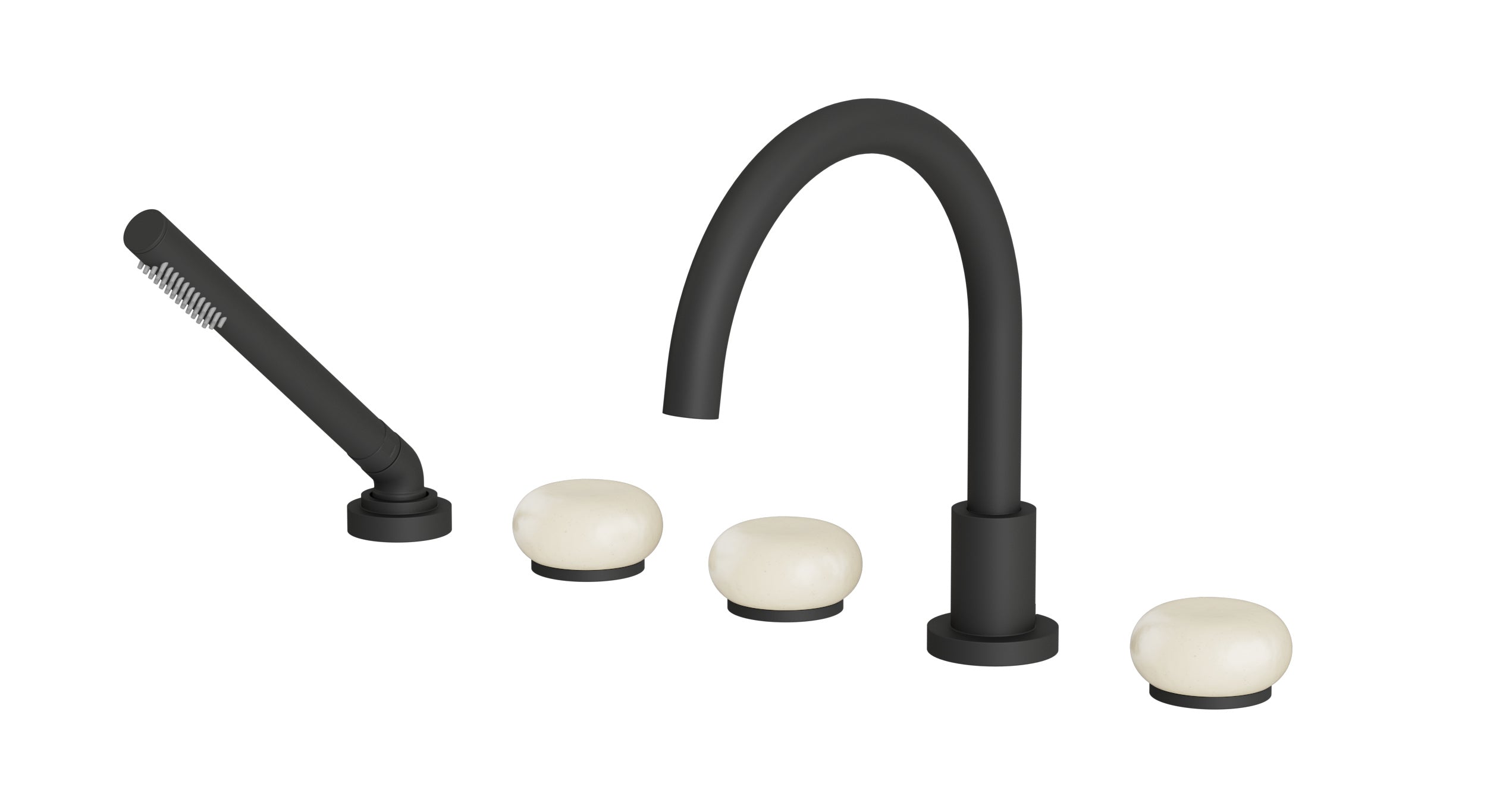 Foundry Three Handle Deck Mount Gooseneck Bath Trim with Hand Shower and Pebble Ceramic Knob Handles in Matte Black