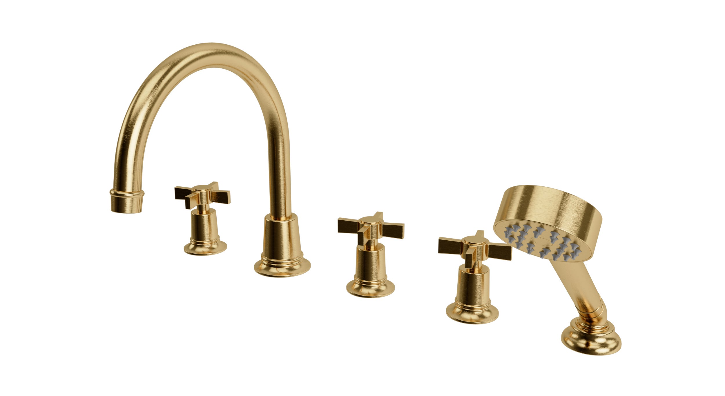 Emerson Three Handle Deck Mount Gooseneck Bath Trim with Hand Shower and Defined Cross Handles in Satin Brass