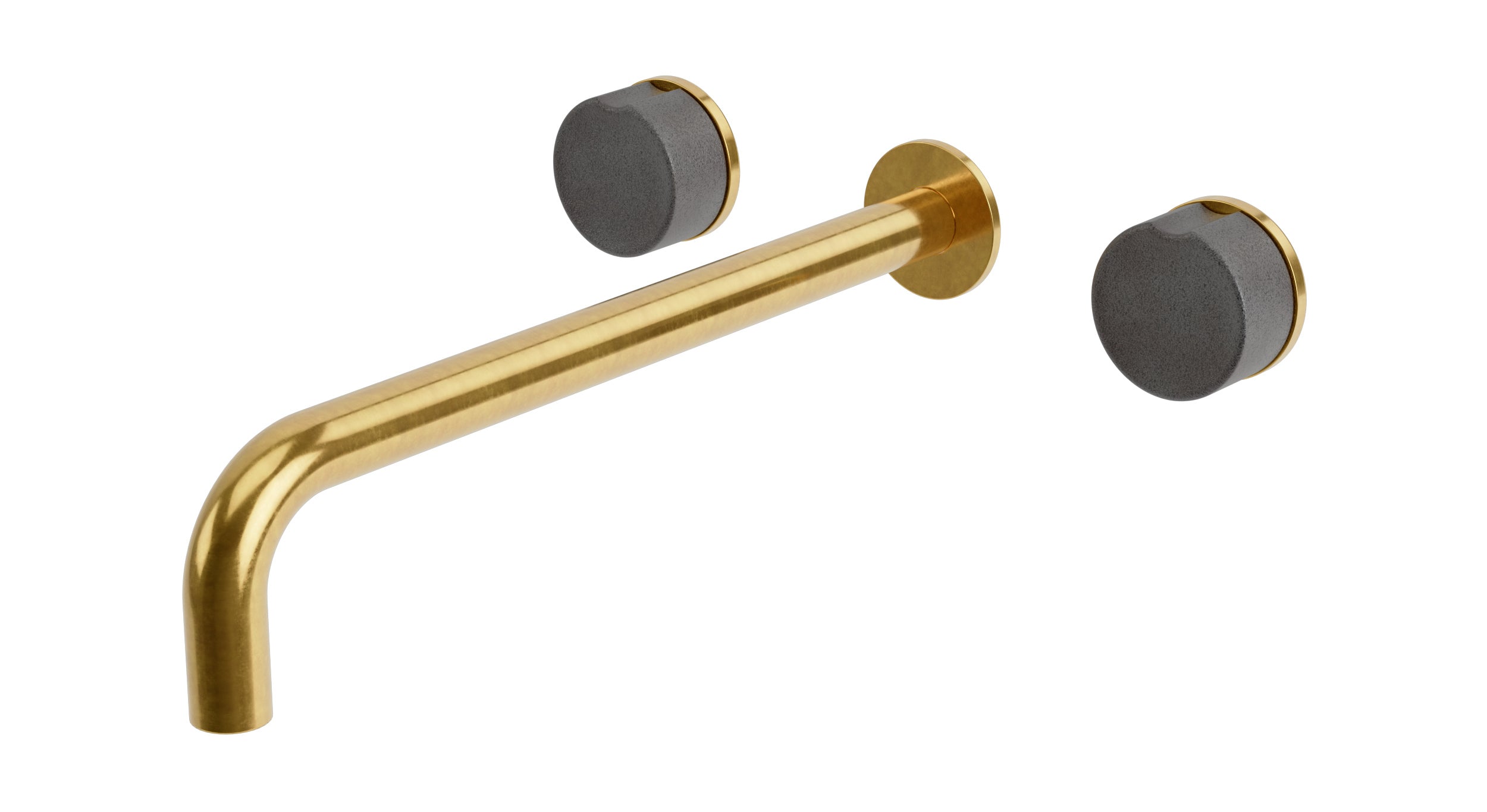 Foundry Two Handle Wall Mount 12" Lavatory Faucet with Groove Ceramic Knob Handles in French Brass