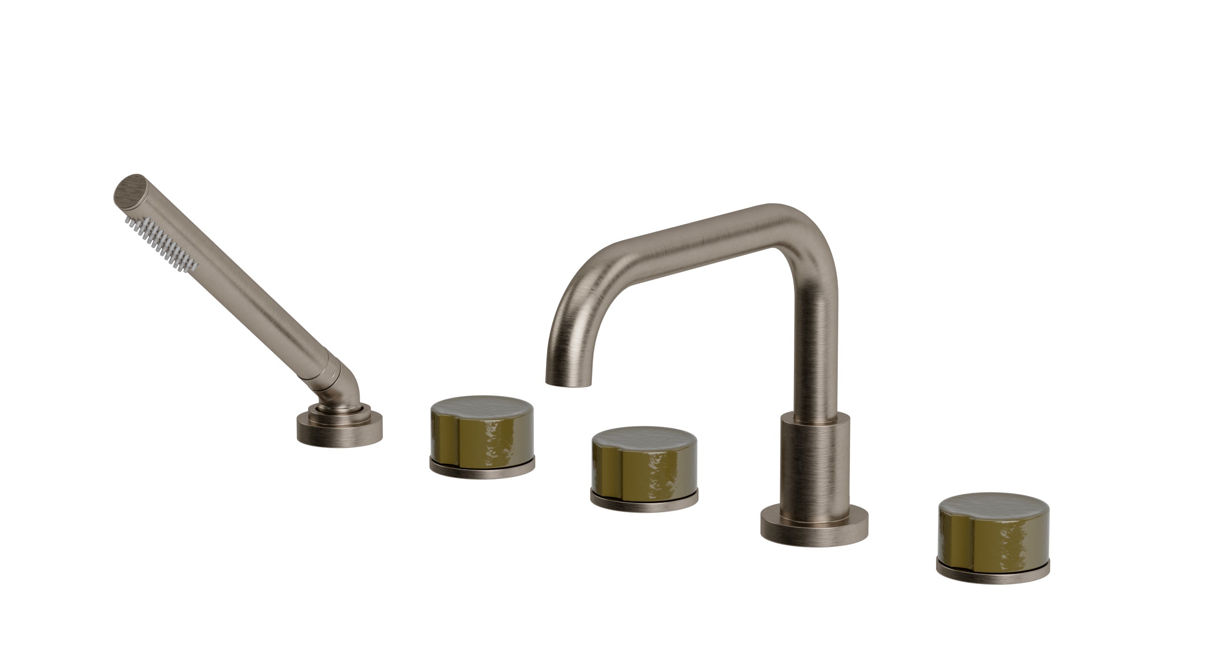 Foundry Three Handle Deck Mount Squaretop Bath Trim with Hand Shower and Groove Ceramic Knob Handles in Antique Nickel