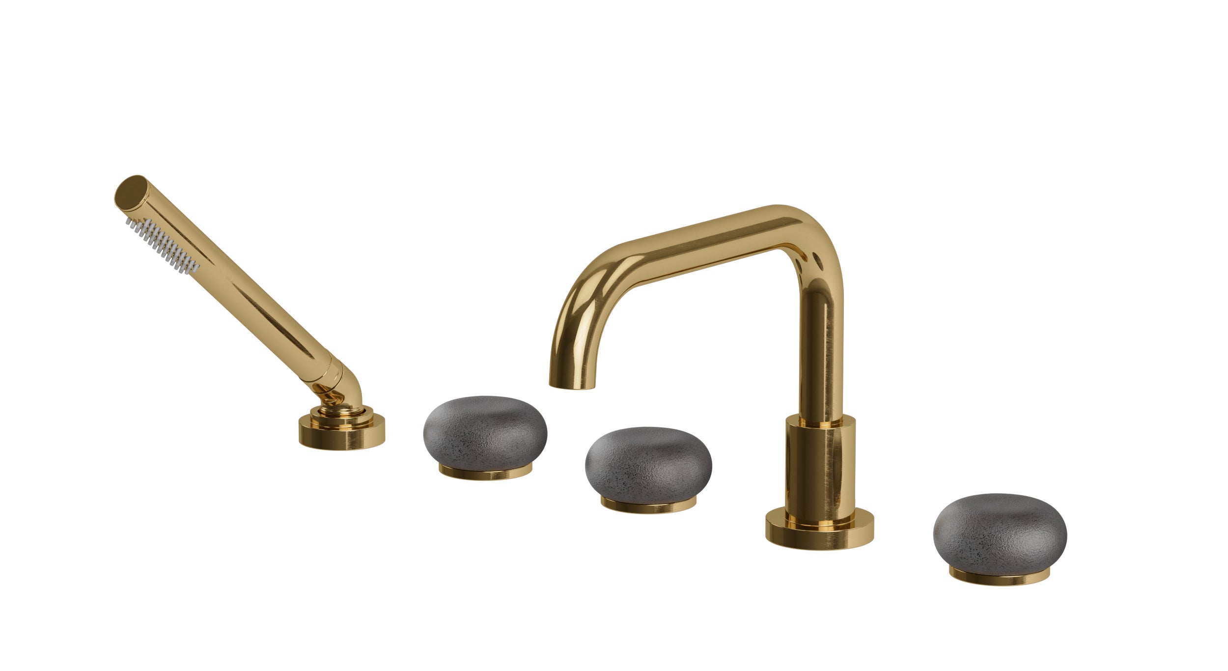 Foundry Three Handle Deck Mount Squaretop Bath Trim with Hand Shower and Pebble Ceramic Knob Handles in Uncoated Polished Brass