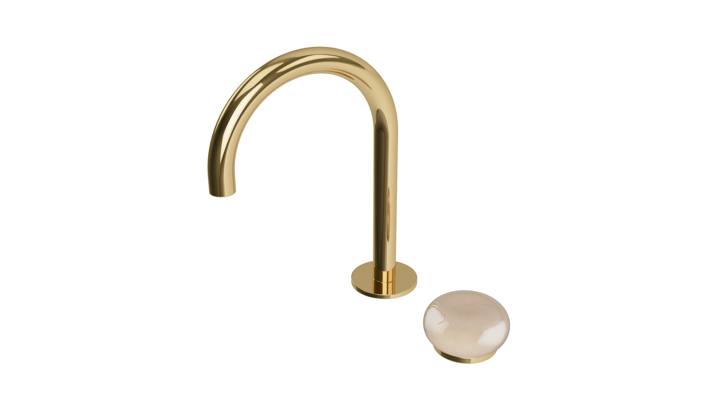 Foundry One Handle Deck Mount Gooseneck Lavatory Faucet with Pebble Ceramic Knob Handle in Polished Brass
