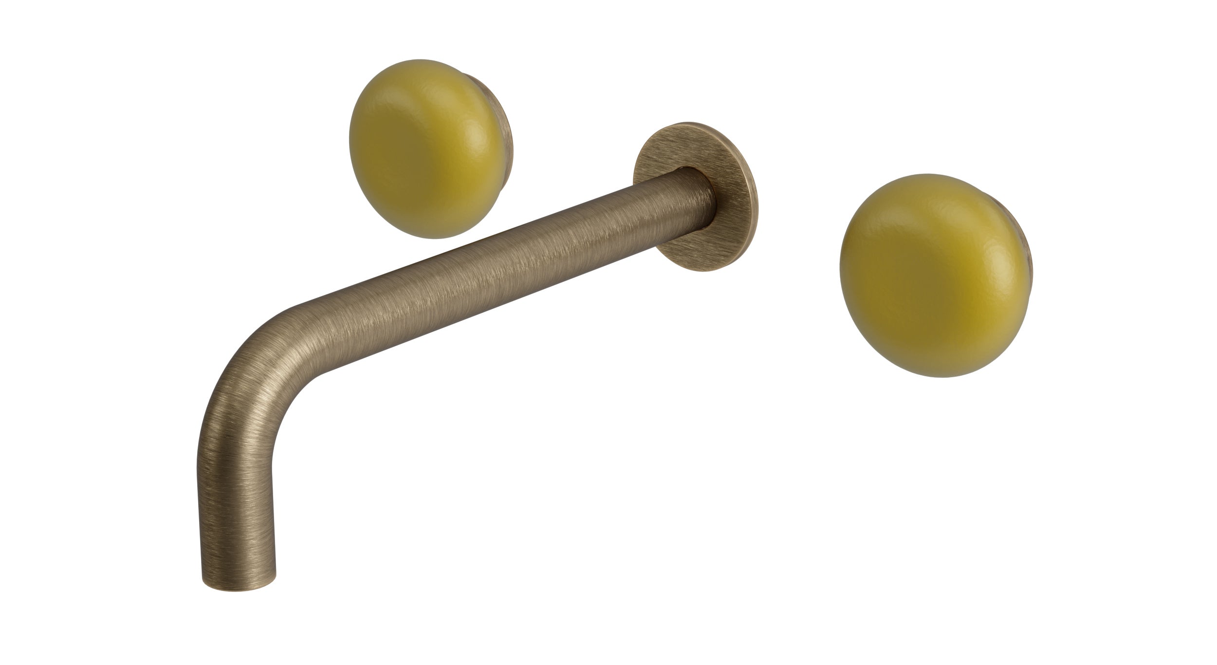 Foundry Two Handle Wall Mount 7.5" Lavatory Faucet with Pebble Ceramic Knob Handles in Antique Brass