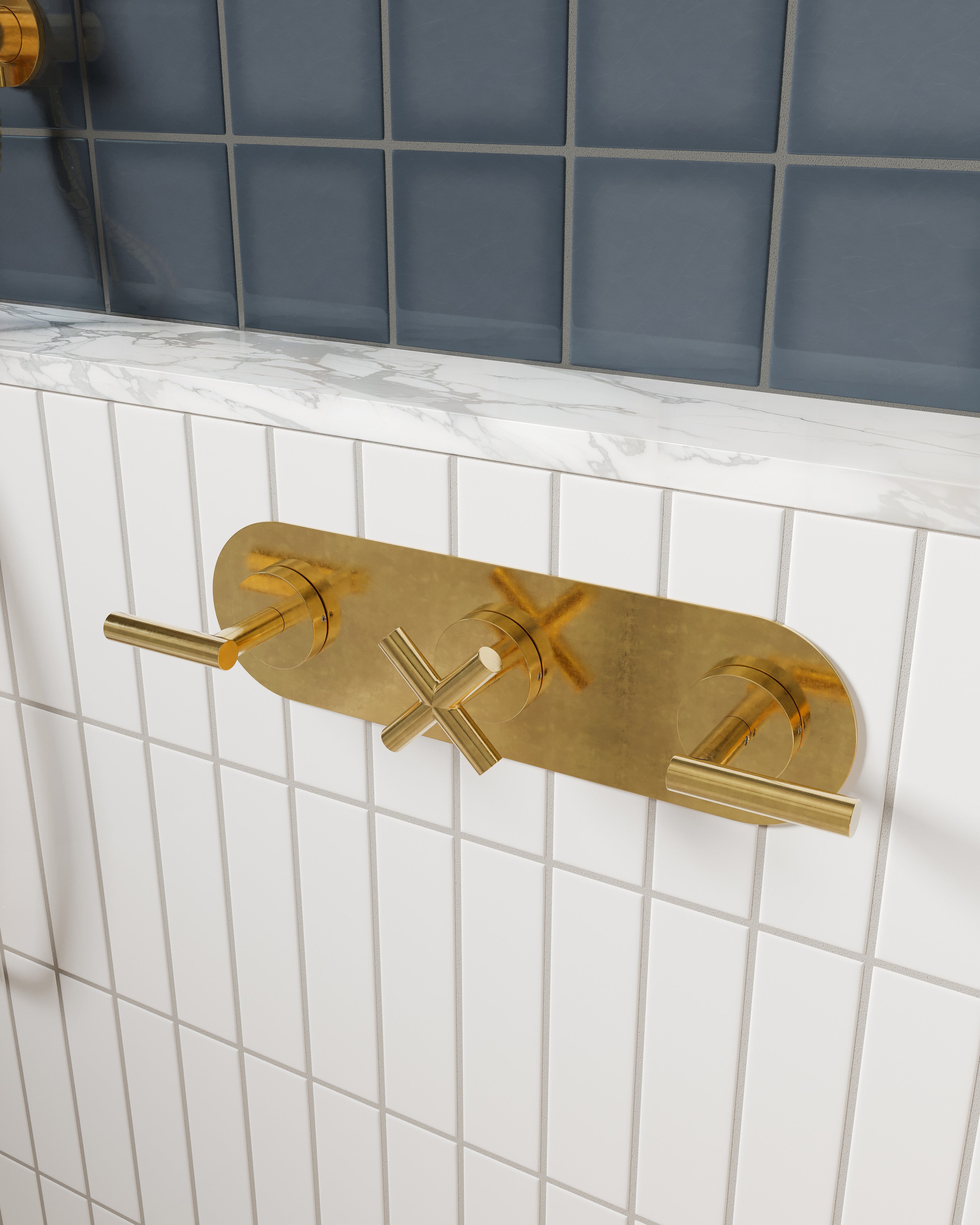 Contour Three Handle Wall Mount Shower Trim with Soft Cross/Soft Lever Handles in French Brass