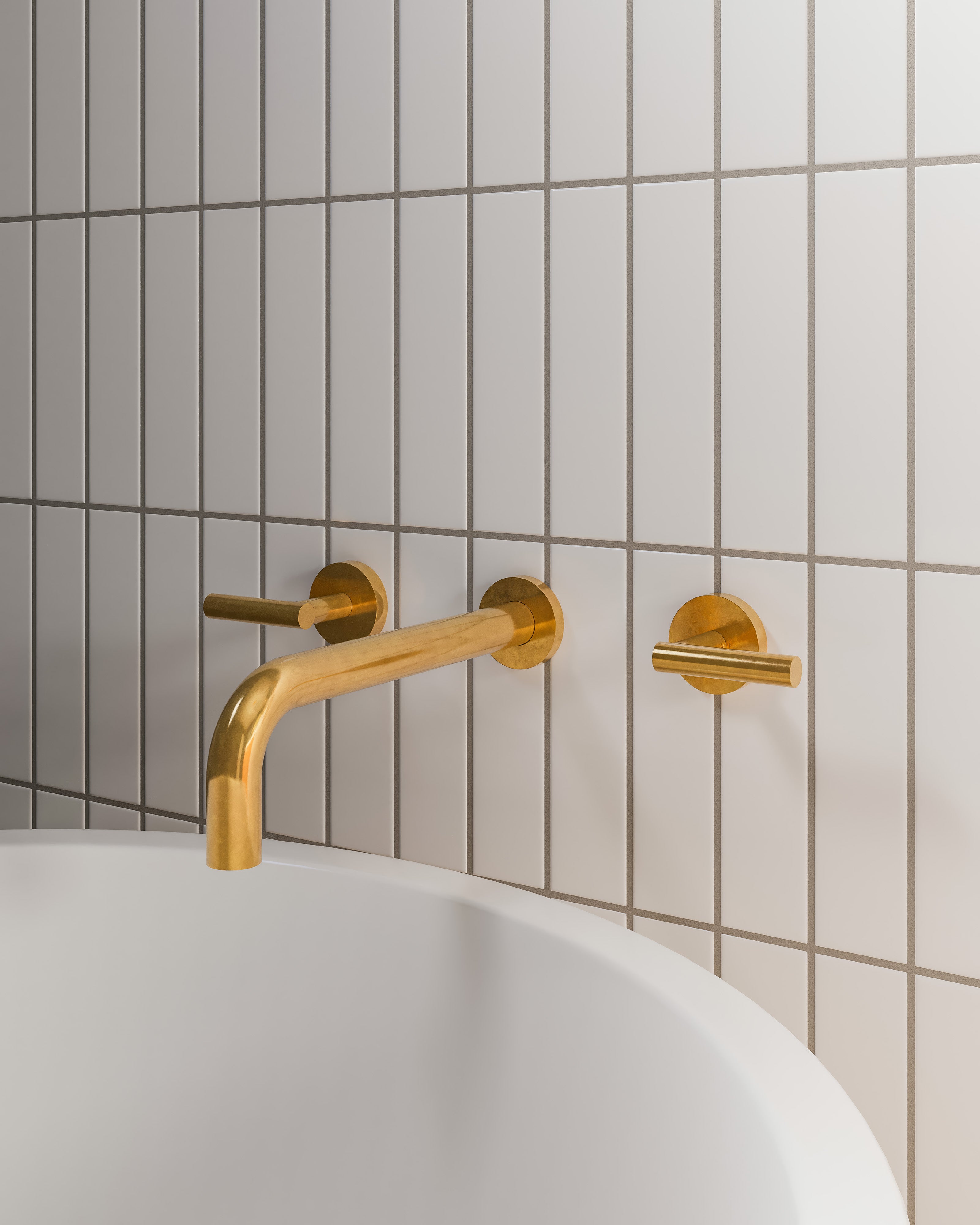 Contour Two Handle Wall Mount 10" Lavatory Faucet with Soft Lever Handles in French Brass