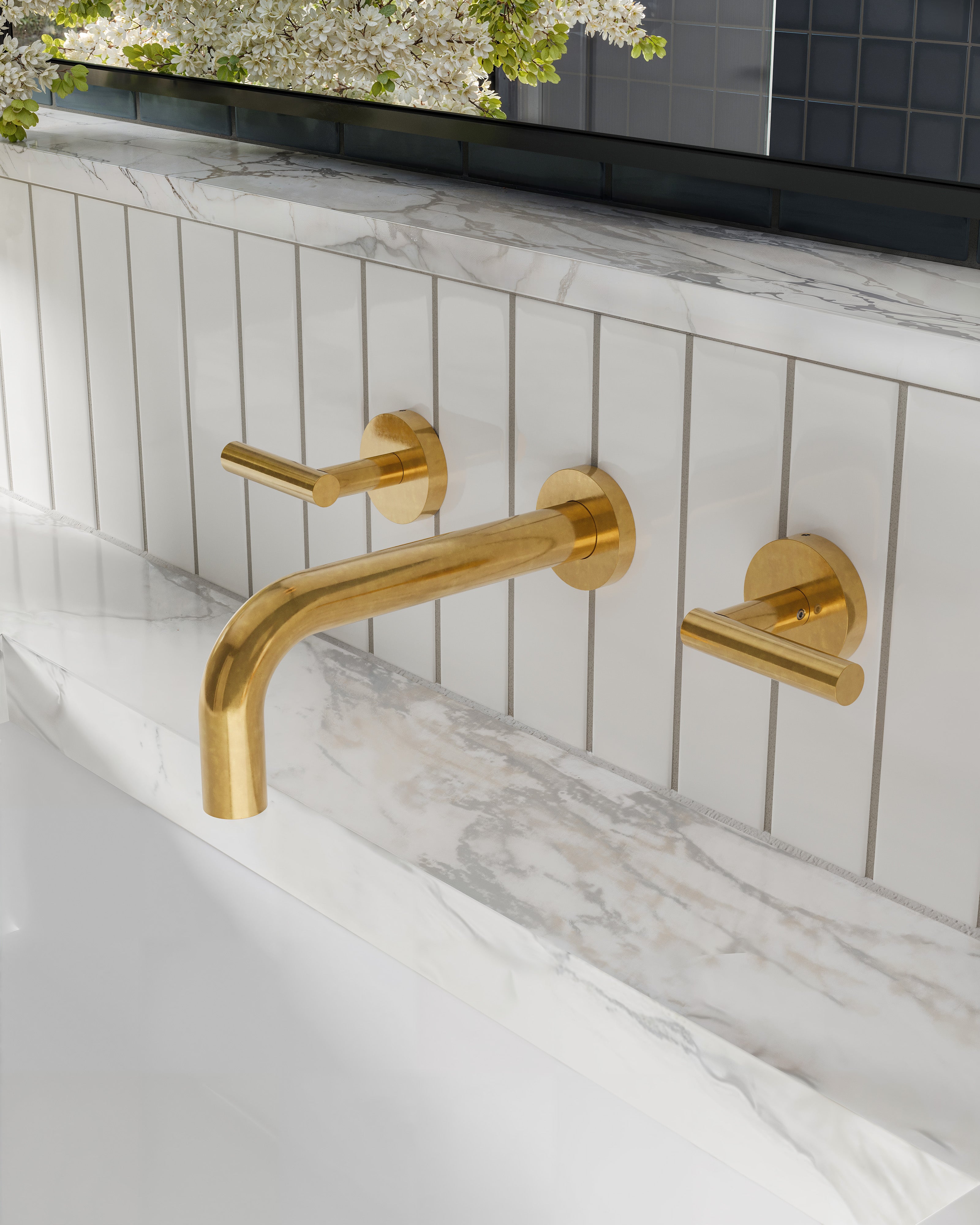 Contour Two Handle Wall Mount 7.5" Lavatory Faucet with Soft Lever Handles in French Brass