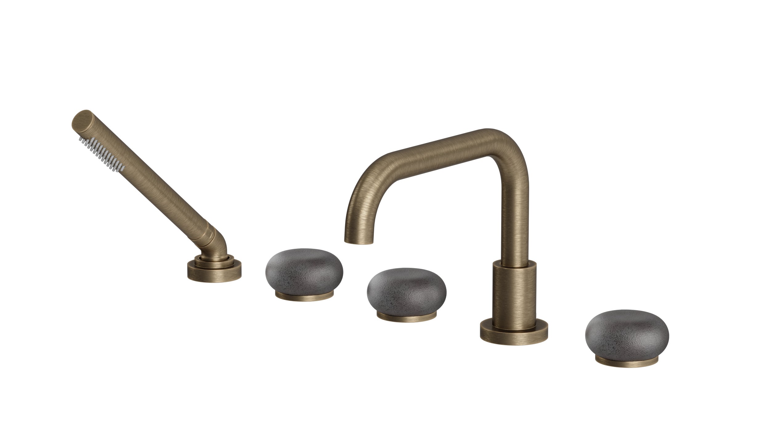 Foundry Three Handle Deck Mount Squaretop Bath Trim with Hand Shower and Pebble Ceramic Knob Handles in Antique Brass