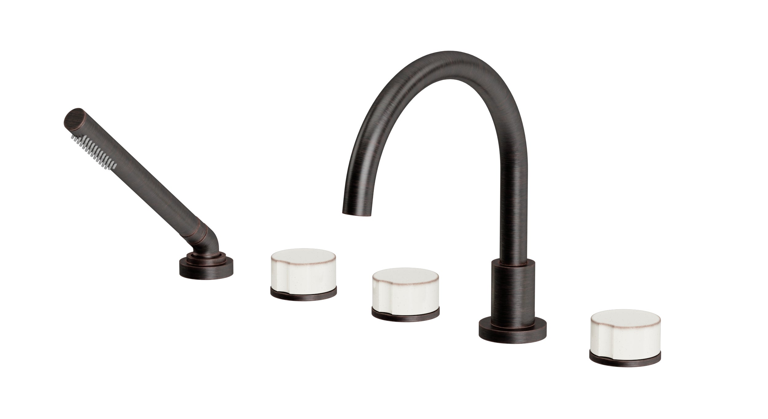 Foundry Three Handle Deck Mount Gooseneck Bath Trim with Hand Shower and Groove Ceramic Knob Handles in Antique Bronze