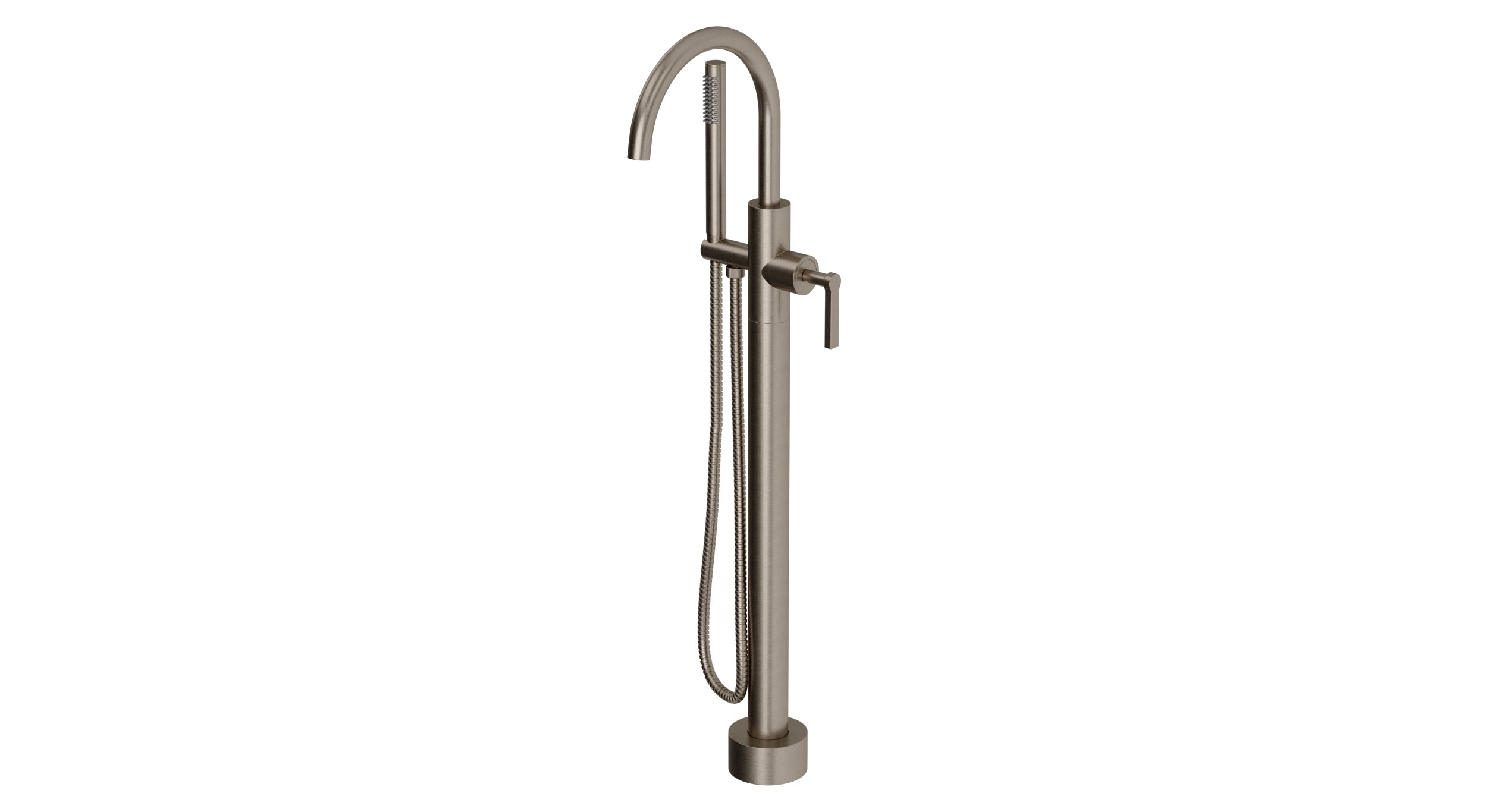 Flatiron One Handle Floor Mount Gooseneck Bath Trim with Hand Shower and Linear Lever Handle in Antique Nickel