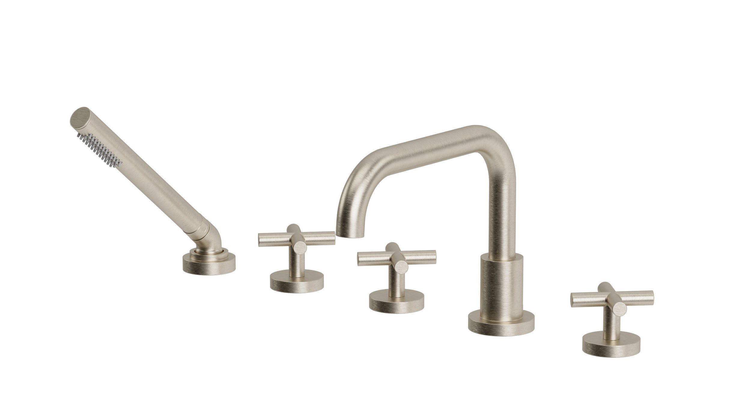 Contour Three Handle Deck Mount Squaretop Bath Trim with Hand Shower and Soft Cross Handles in Satin Nickel