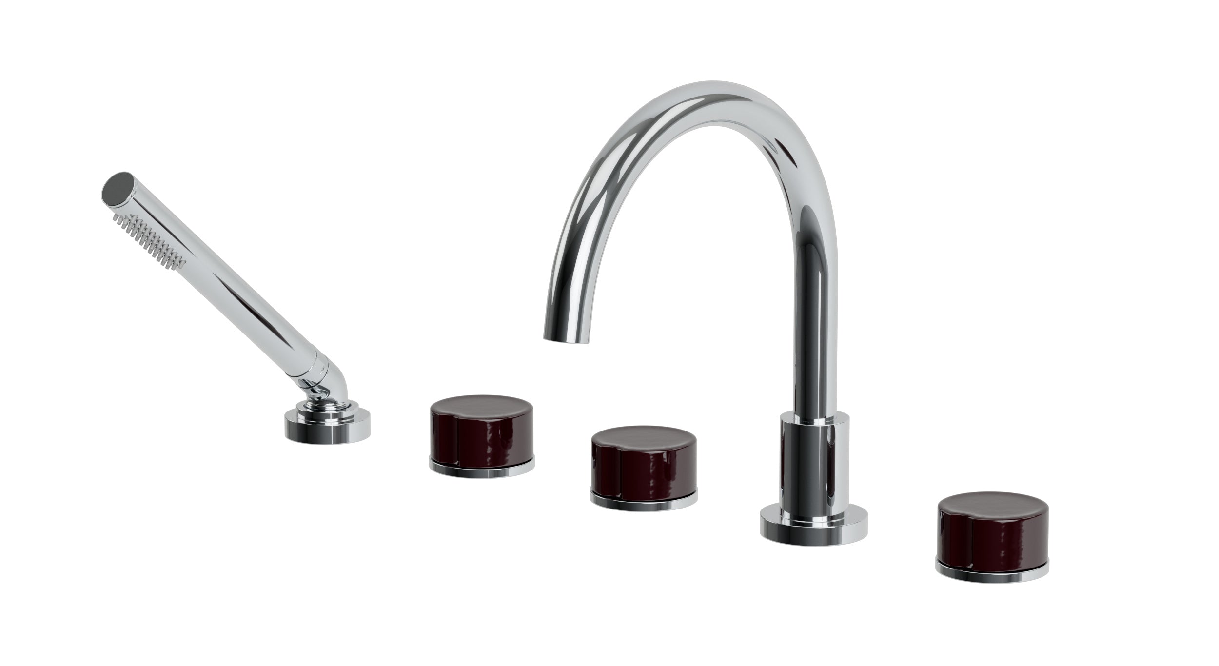 Foundry Three Handle Deck Mount Gooseneck Bath Trim with Hand Shower and Groove Ceramic Knob Handles in Polished Chrome