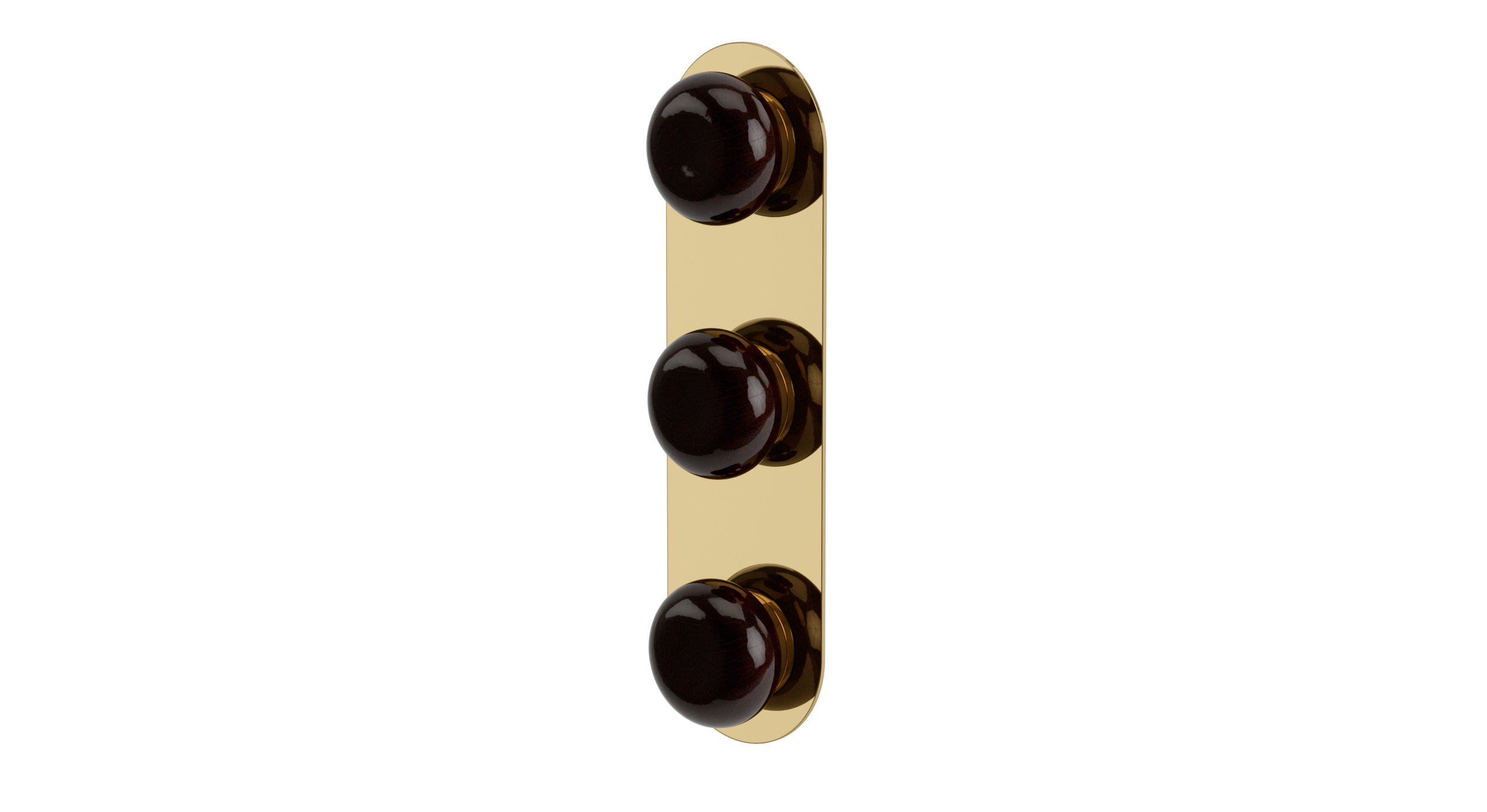 Foundry Three Handle Wall Mount Shower Trim with Pebble Ceramic Knob Handles in Polished Brass