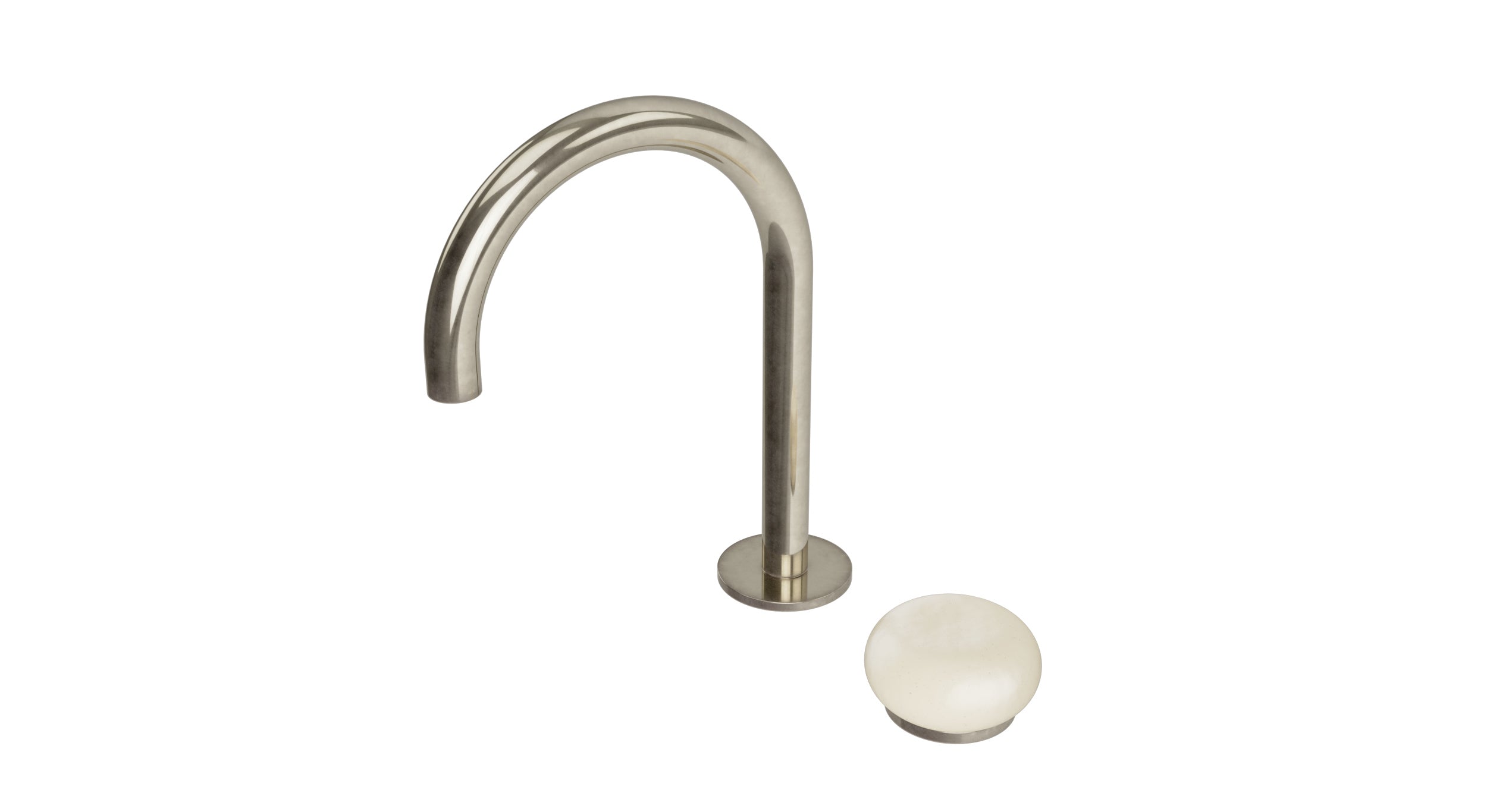 Foundry One Handle Deck Mount Gooseneck Lavatory Faucet with Pebble Ceramic Knob Handle in French Nickel