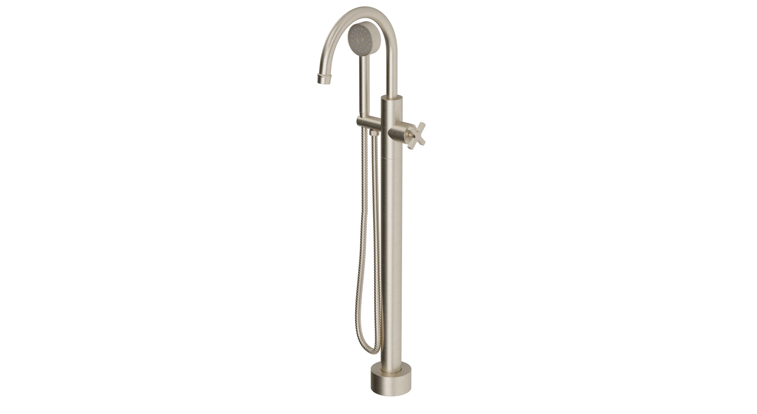 Emerson One Handle Floor Mount Gooseneck Bath Trim with Hand Shower and Classic Cross Handle in Satin Nickel