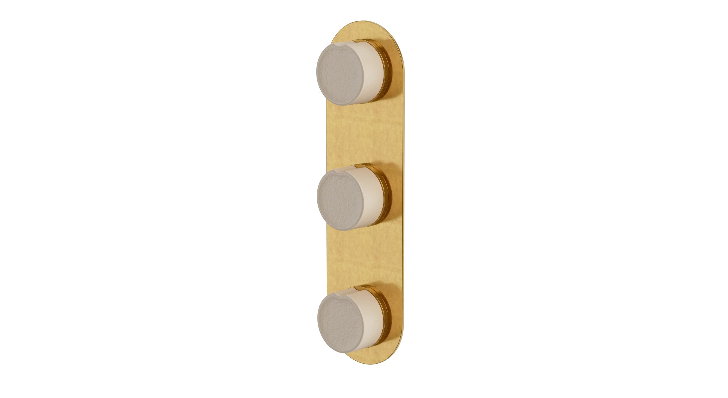 Foundry Three Handle Wall Mount Shower Trim with Groove Ceramic Knob Handles in French Brass