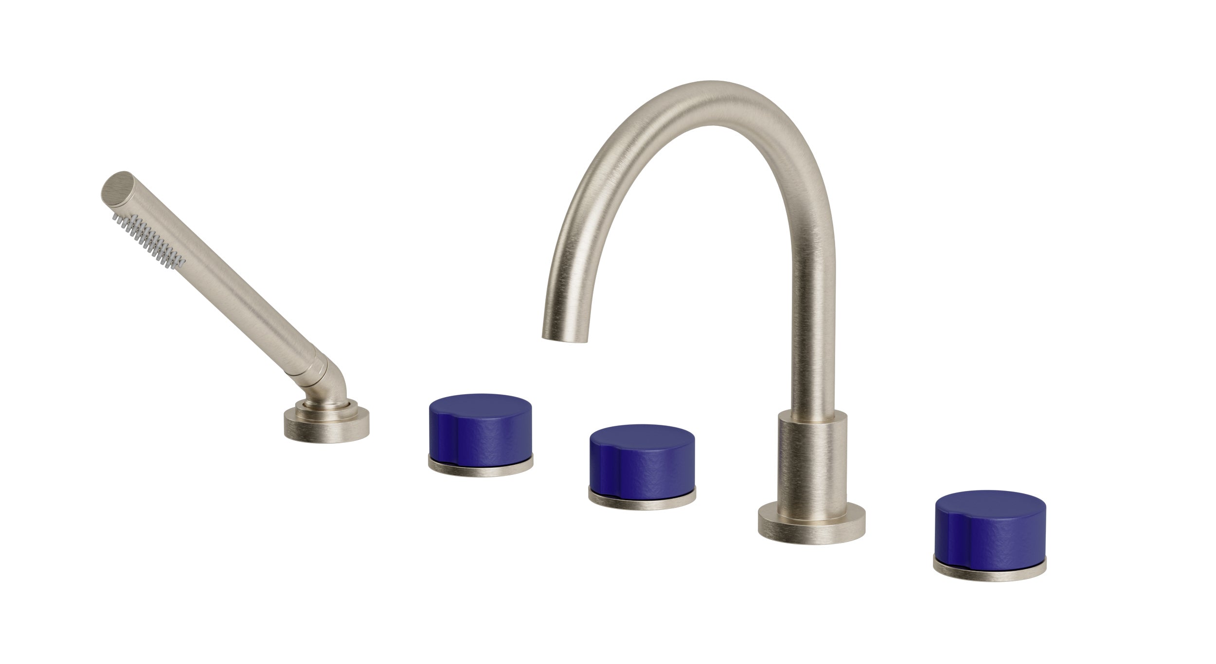 Foundry Three Handle Deck Mount Gooseneck Bath Trim with Hand Shower and Groove Ceramic Knob Handles in Satin Nickel