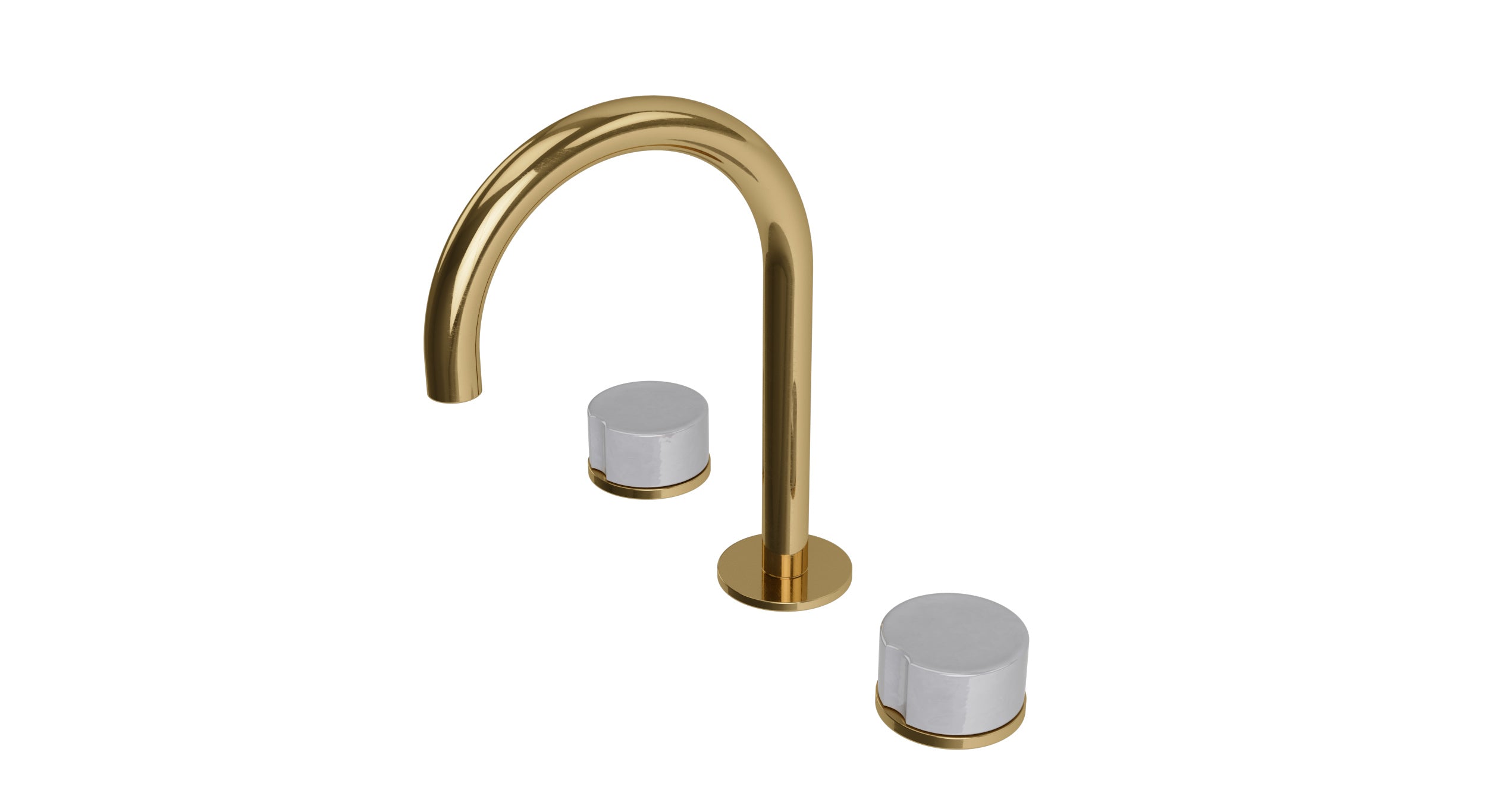 Foundry Two Handle Deck Mount Gooseneck Lavatory Faucet with Groove Ceramic Knob Handles in Uncoated Polished Brass