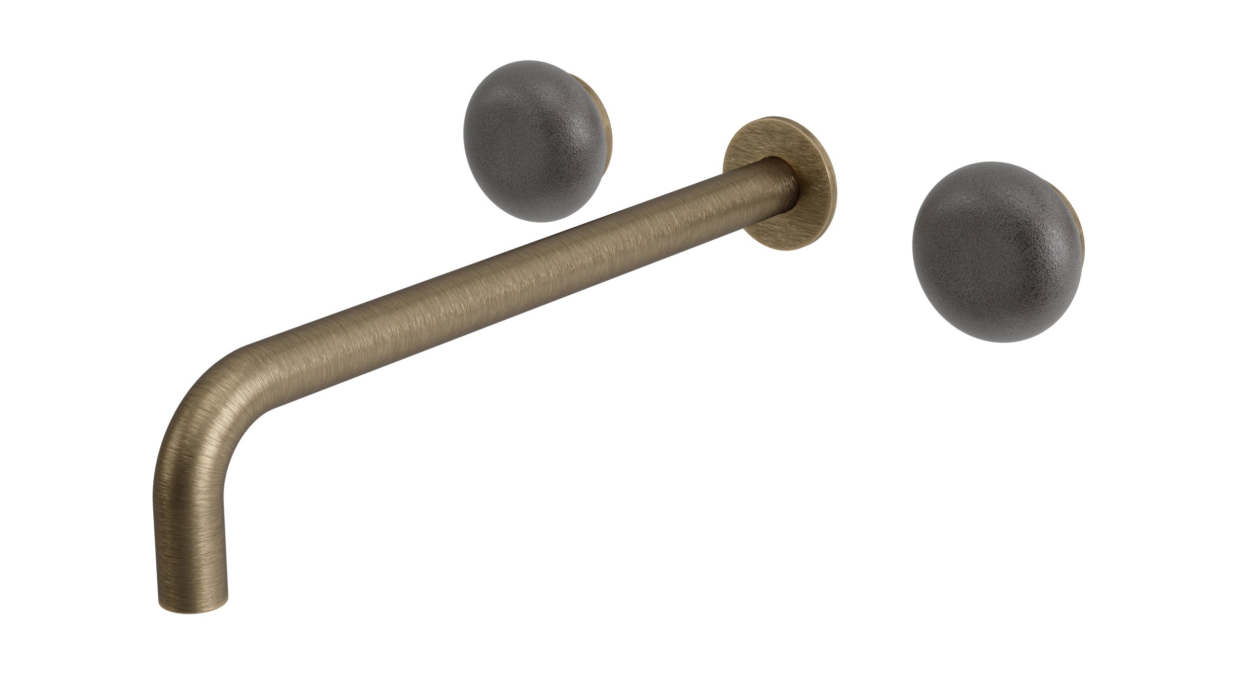Foundry Two Handle Wall Mount 12" Lavatory Faucet with Pebble Ceramic Knob Handles in Antique Brass