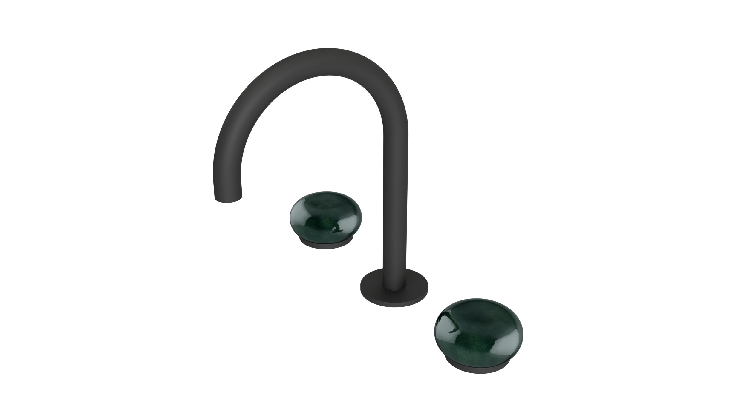 Foundry Two Handle Deck Mount Gooseneck Lavatory Faucet with Pebble Ceramic Knob Handles in Matte Black