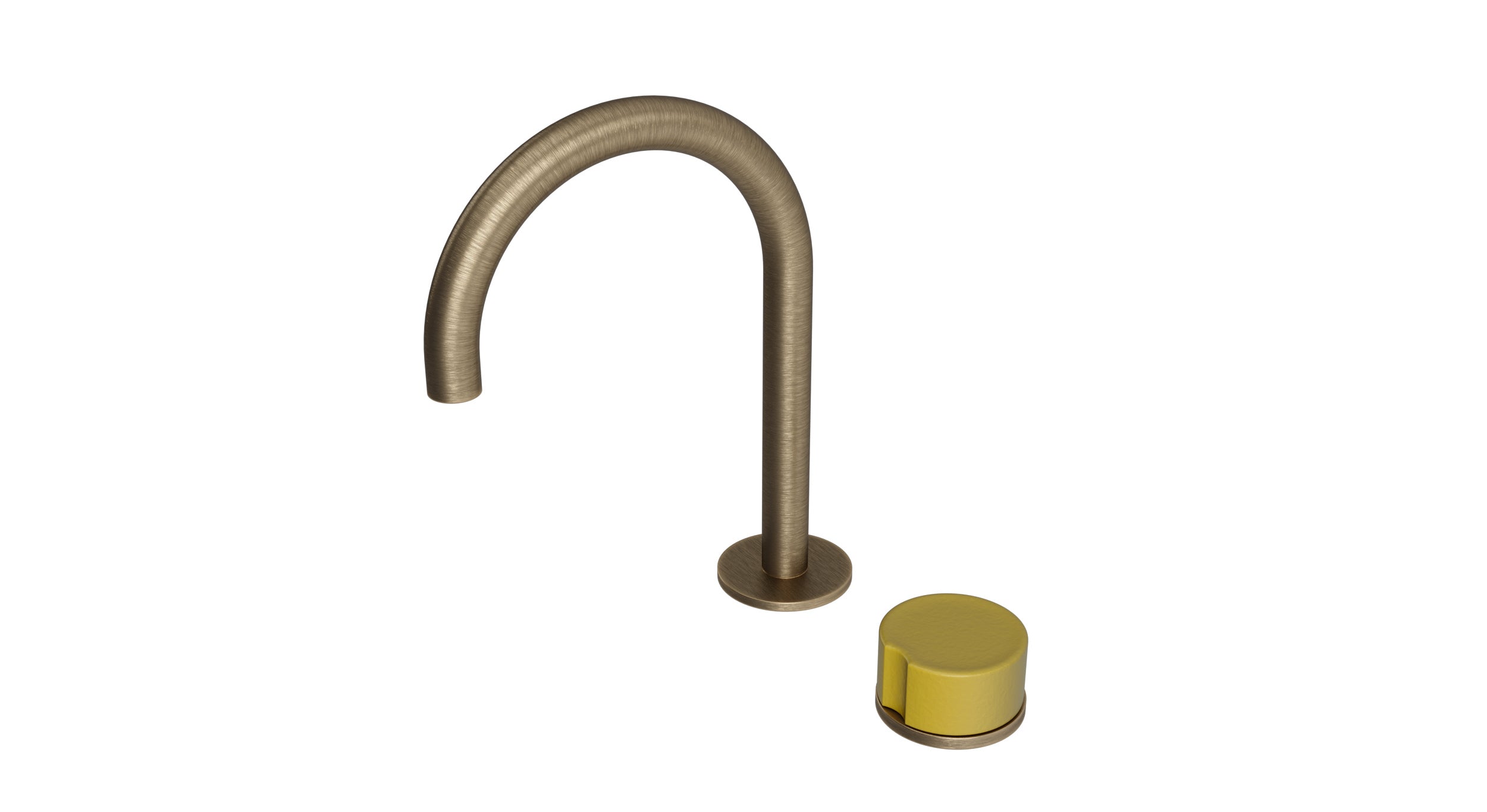 Foundry One Handle Deck Mount Gooseneck Lavatory Faucet with Groove Ceramic Knob Handle in Antique Brass