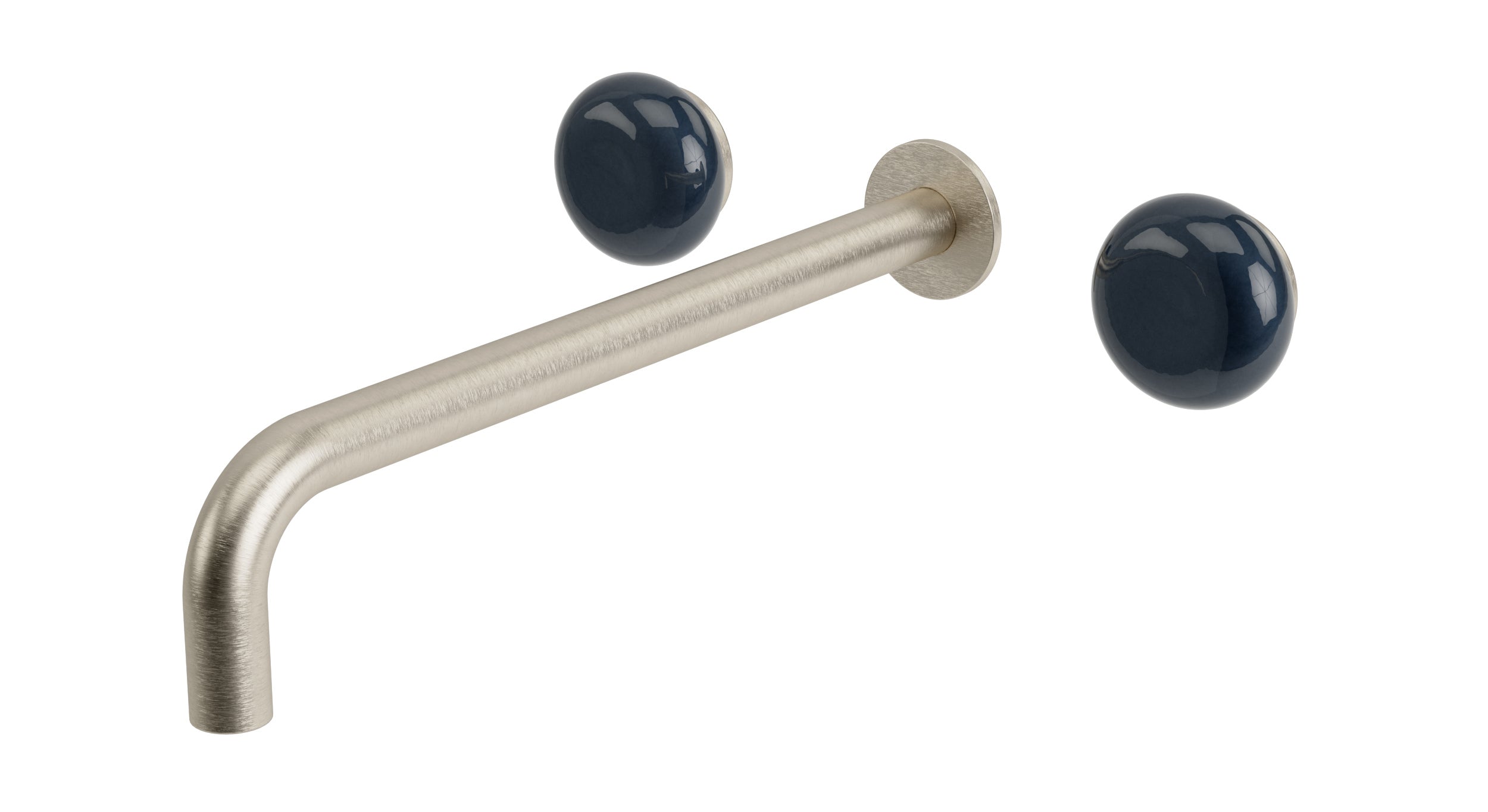 Foundry Two Handle Wall Mount 12" Lavatory Faucet with Pebble Ceramic Knob Handles in Satin Nickel