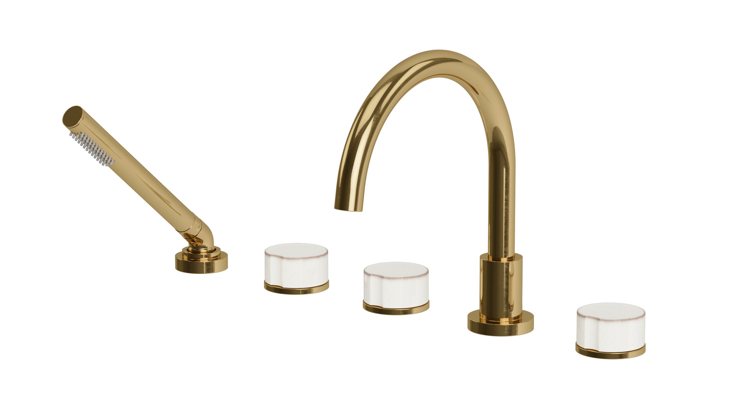 Foundry Three Handle Deck Mount Gooseneck Bath Trim with Hand Shower and Groove Ceramic Knob Handles in Uncoated Polished Brass