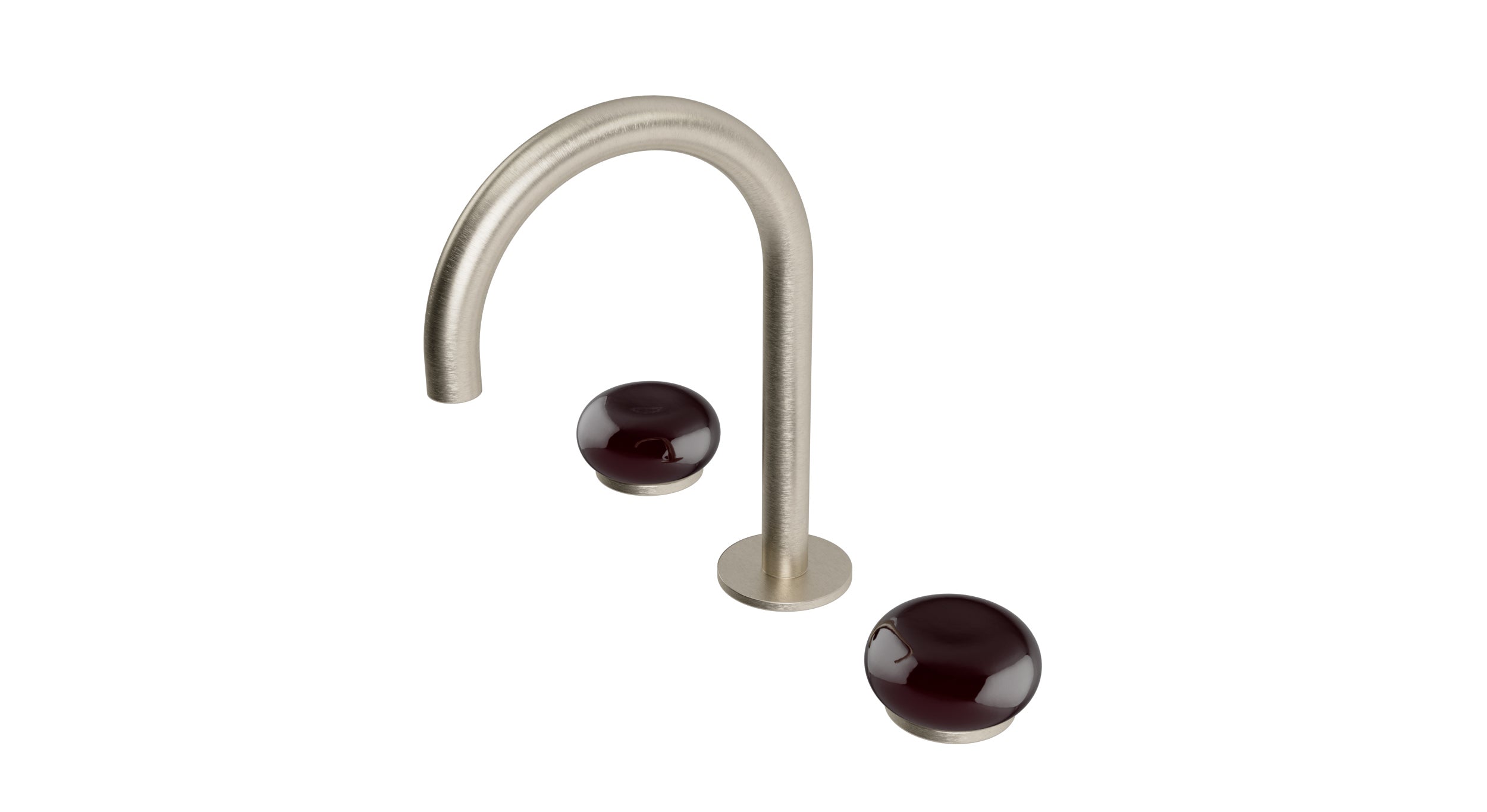 Foundry Two Handle Deck Mount Gooseneck Lavatory Faucet with Pebble Ceramic Knob Handles in Satin Nickel