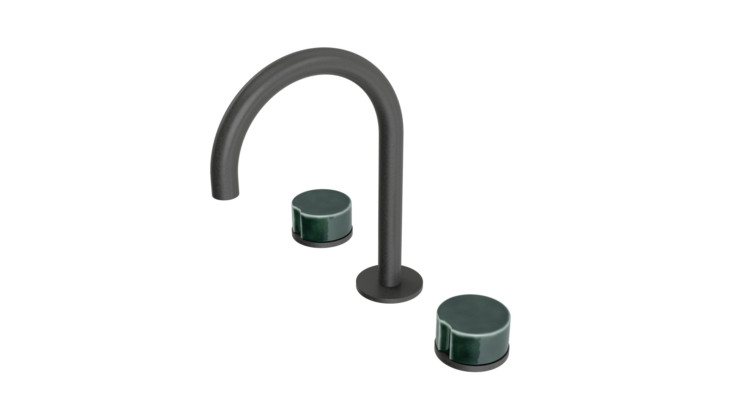 Foundry Two Handle Deck Mount Gooseneck Lavatory Faucet with Groove Ceramic Knob Handles in Blackened Nickel