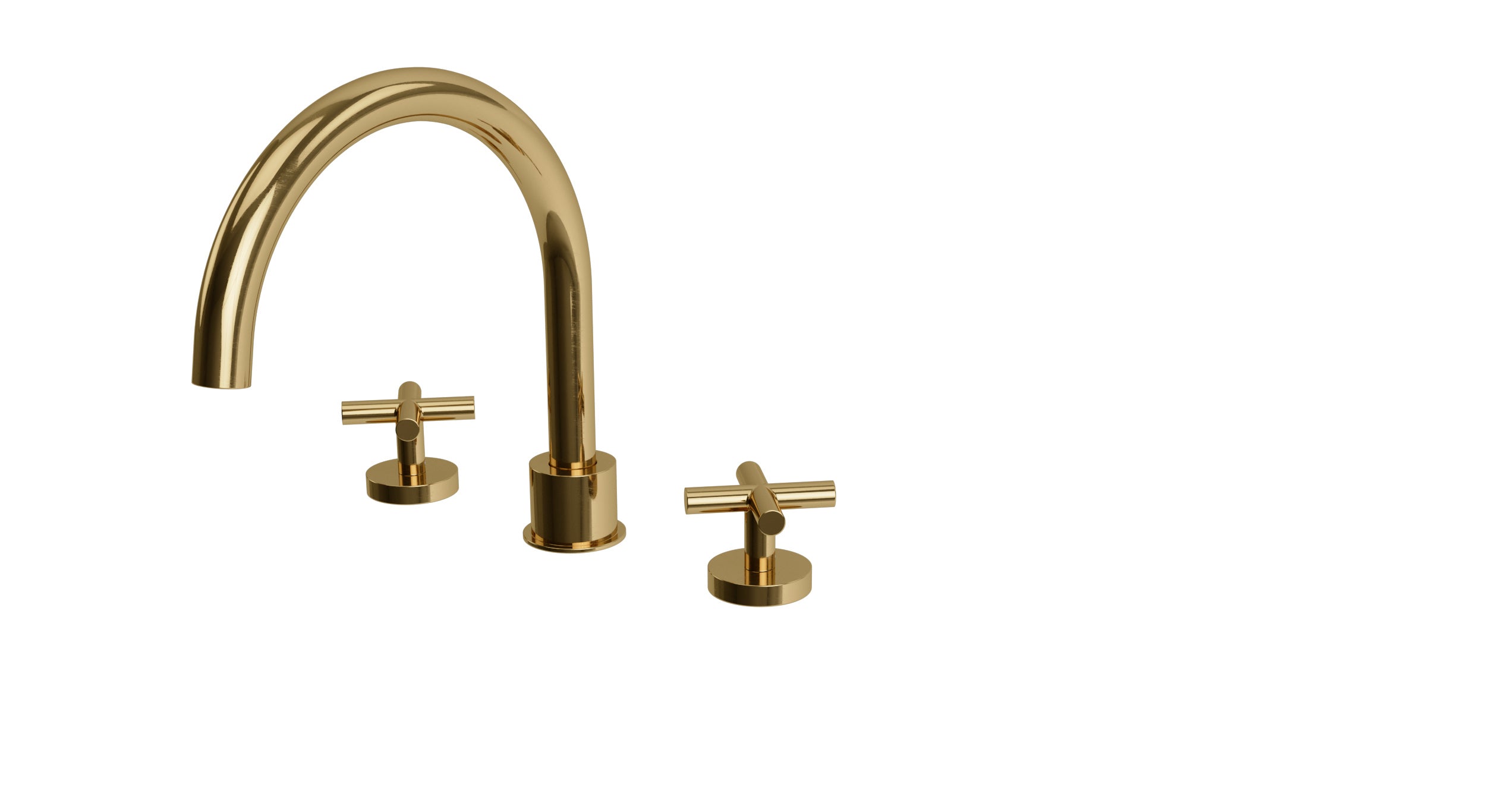 Contour Two Handle Deck Mount Gooseneck Bath Trim with Soft Cross Handles in Uncoated Polished Brass