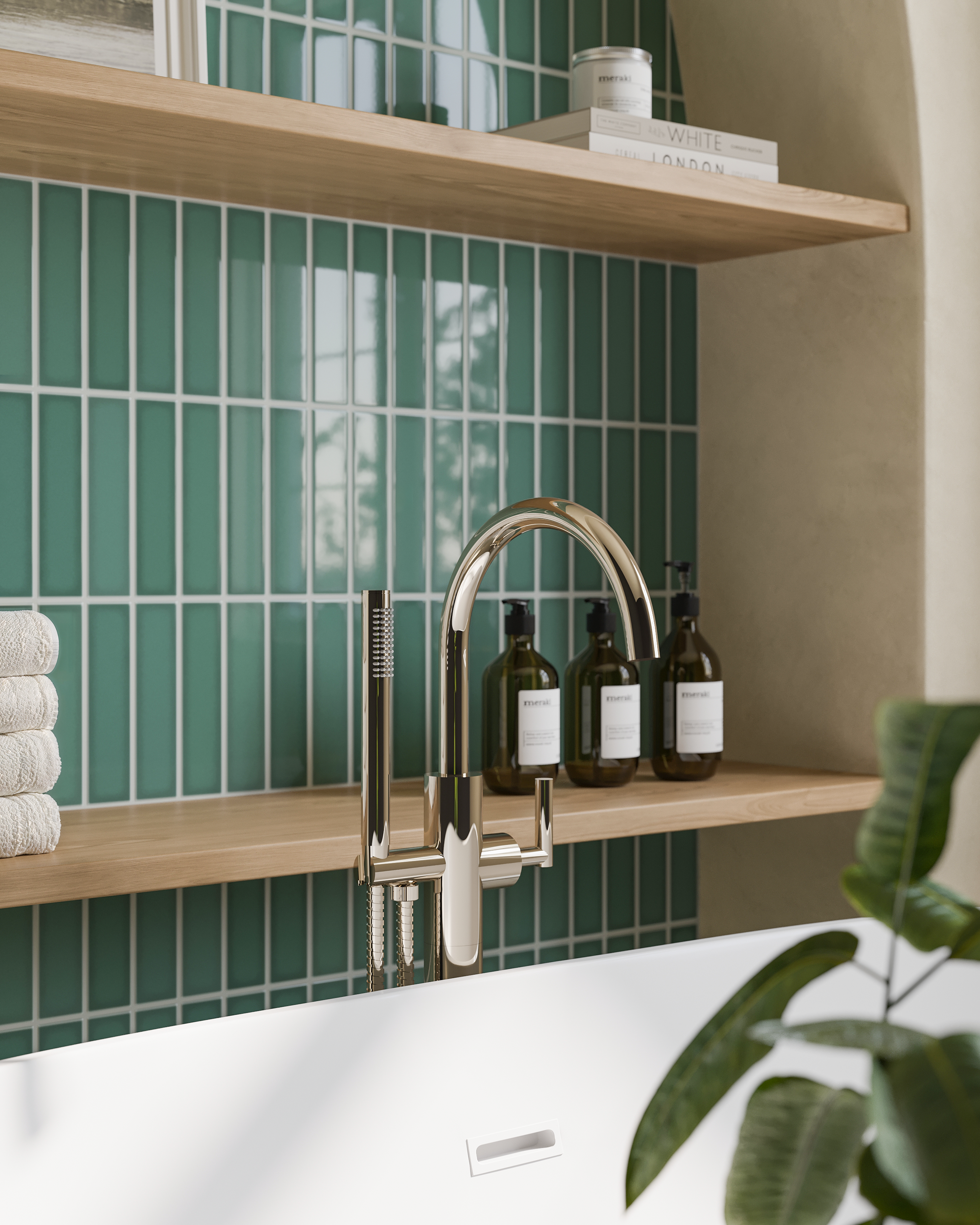 Contour One Handle Floor Mount Gooseneck Bath Trim with Hand Shower and Soft Lever Handle in Polished Nickel