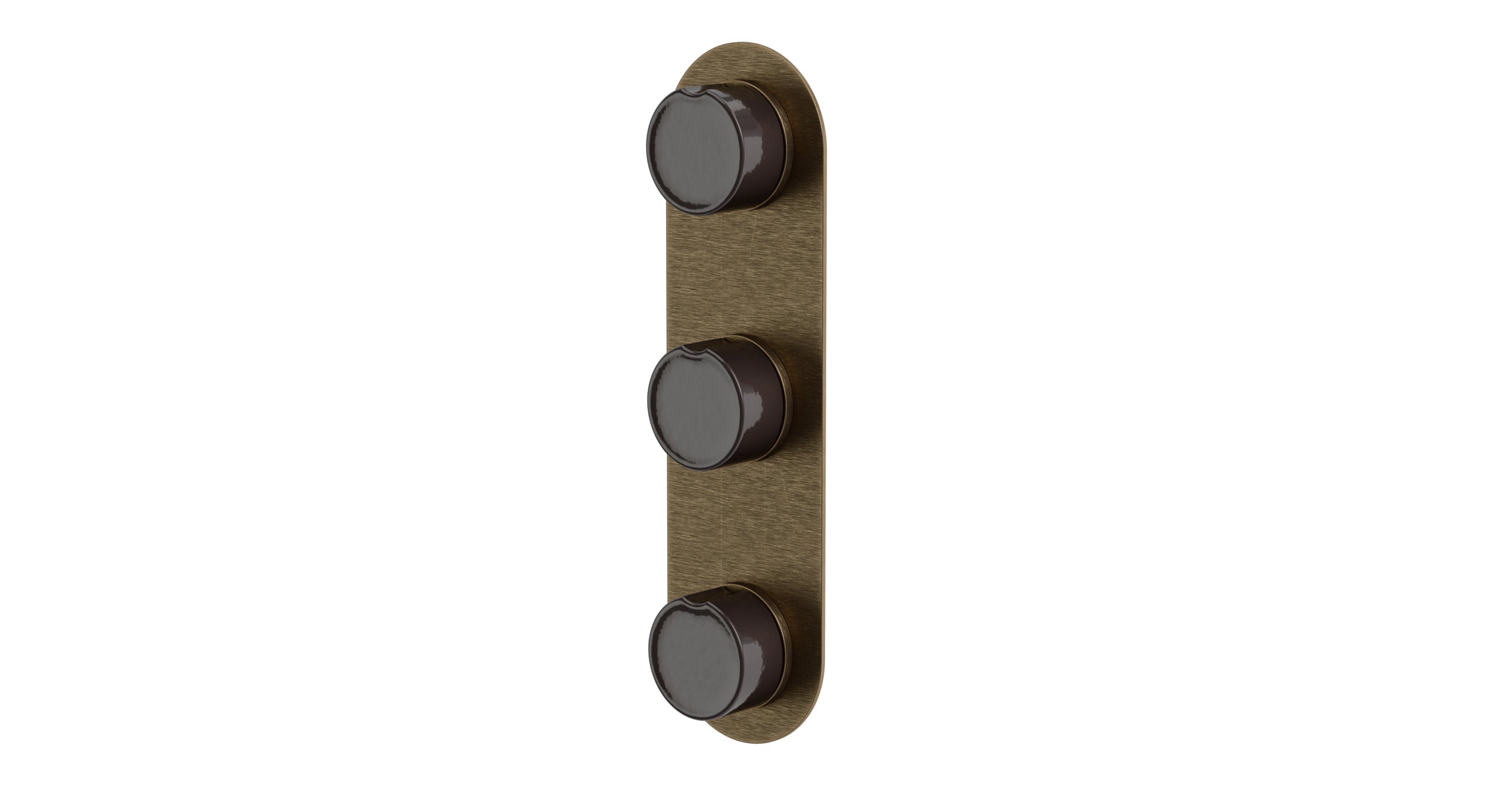 Foundry Three Handle Wall Mount Shower Trim with Groove Ceramic Knob Handles in Antique Brass