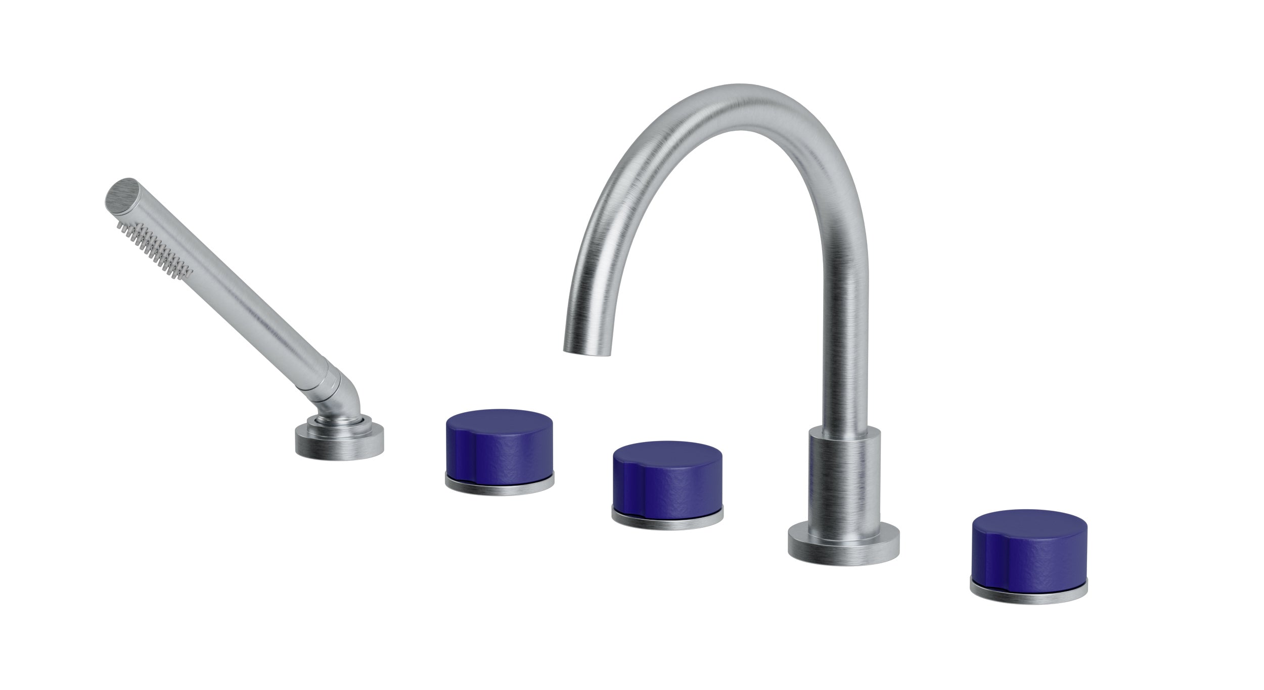 Foundry Three Handle Deck Mount Gooseneck Bath Trim with Hand Shower and Groove Ceramic Knob Handles in Satin Chrome