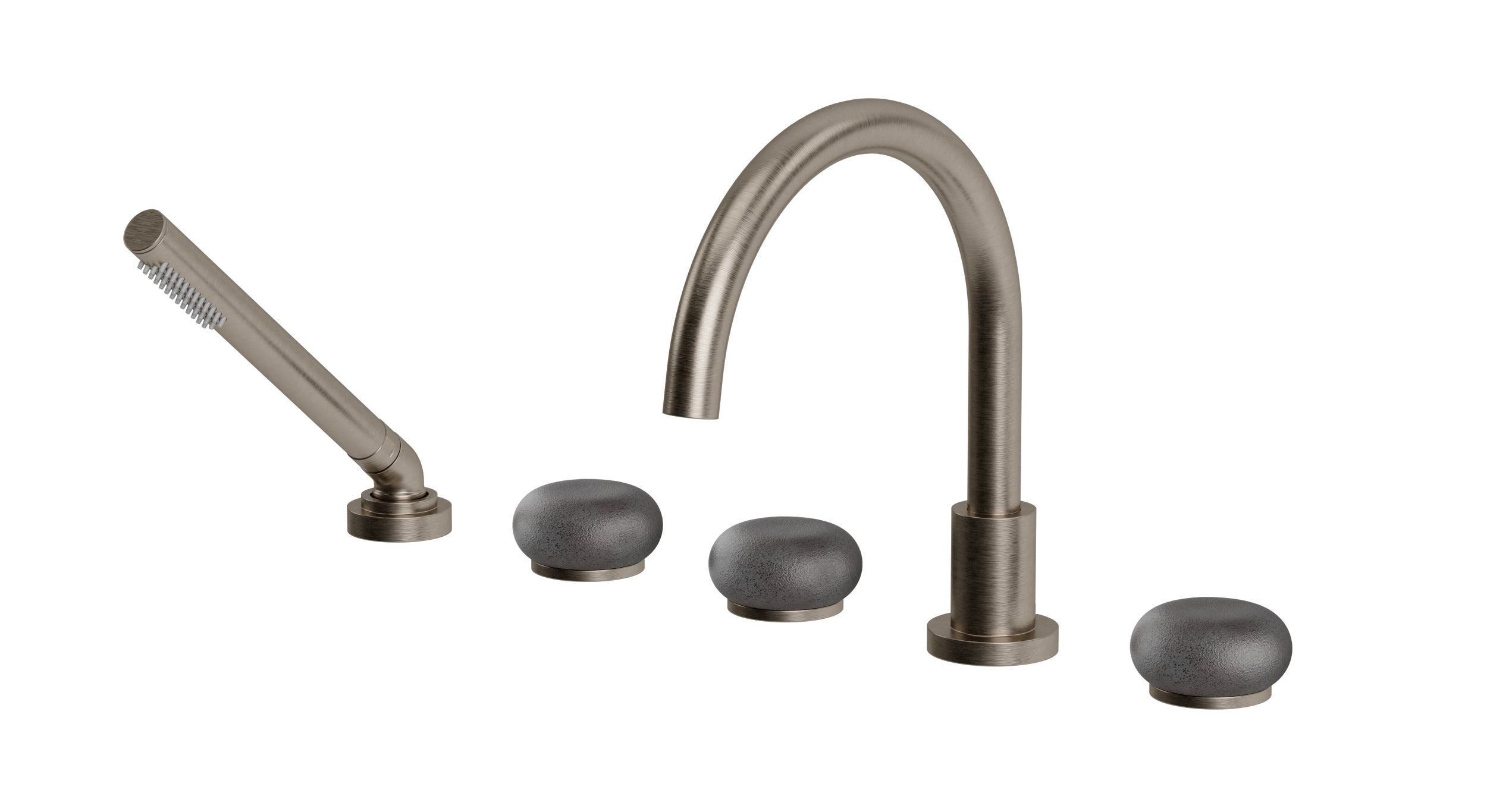 Foundry Three Handle Deck Mount Gooseneck Bath Trim with Hand Shower and Pebble Ceramic Knob Handles in Antique Nickel