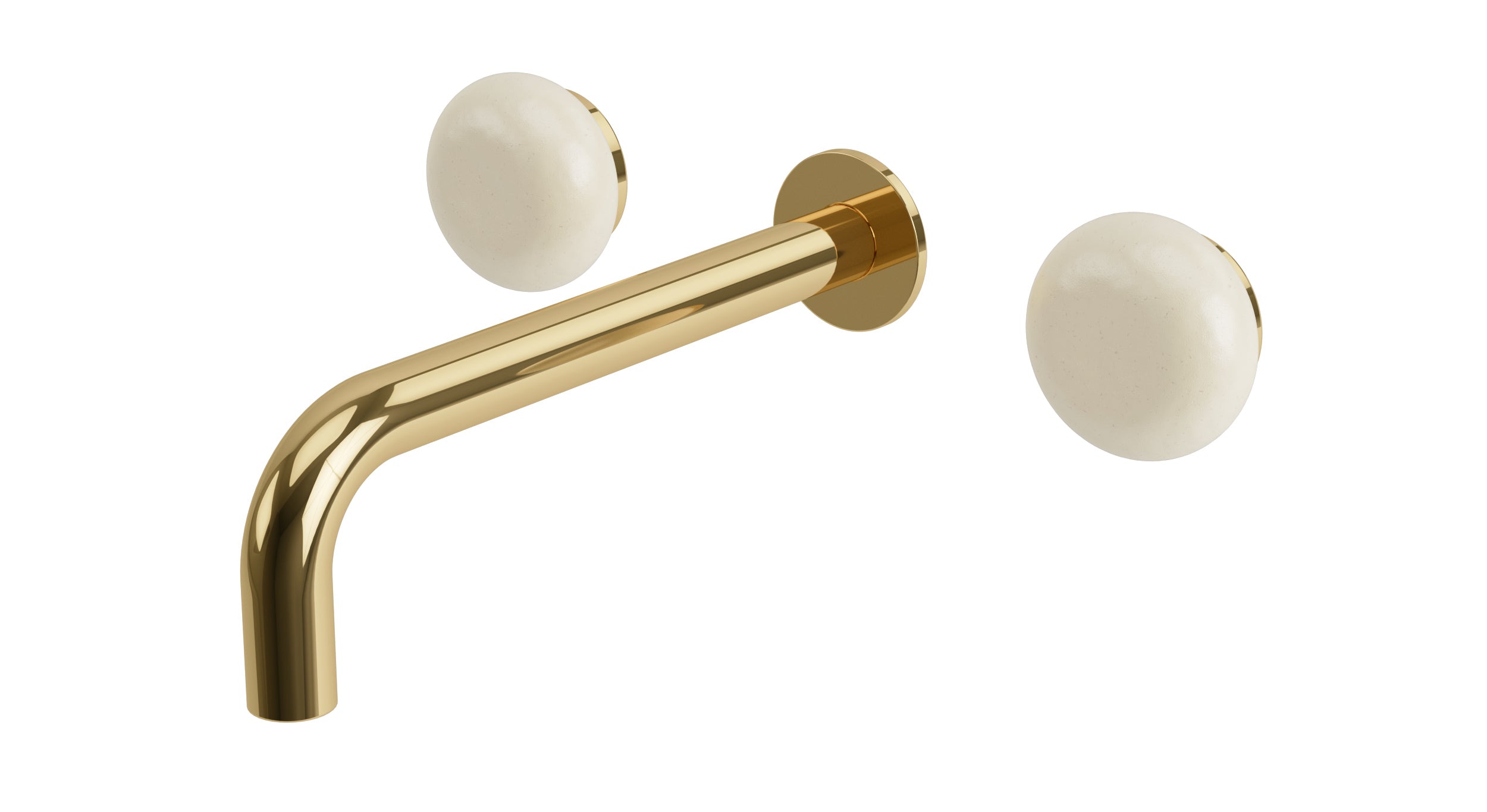 Foundry Two Handle Wall Mount 7.5" Lavatory Faucet with Pebble Ceramic Knob Handles in Polished Brass