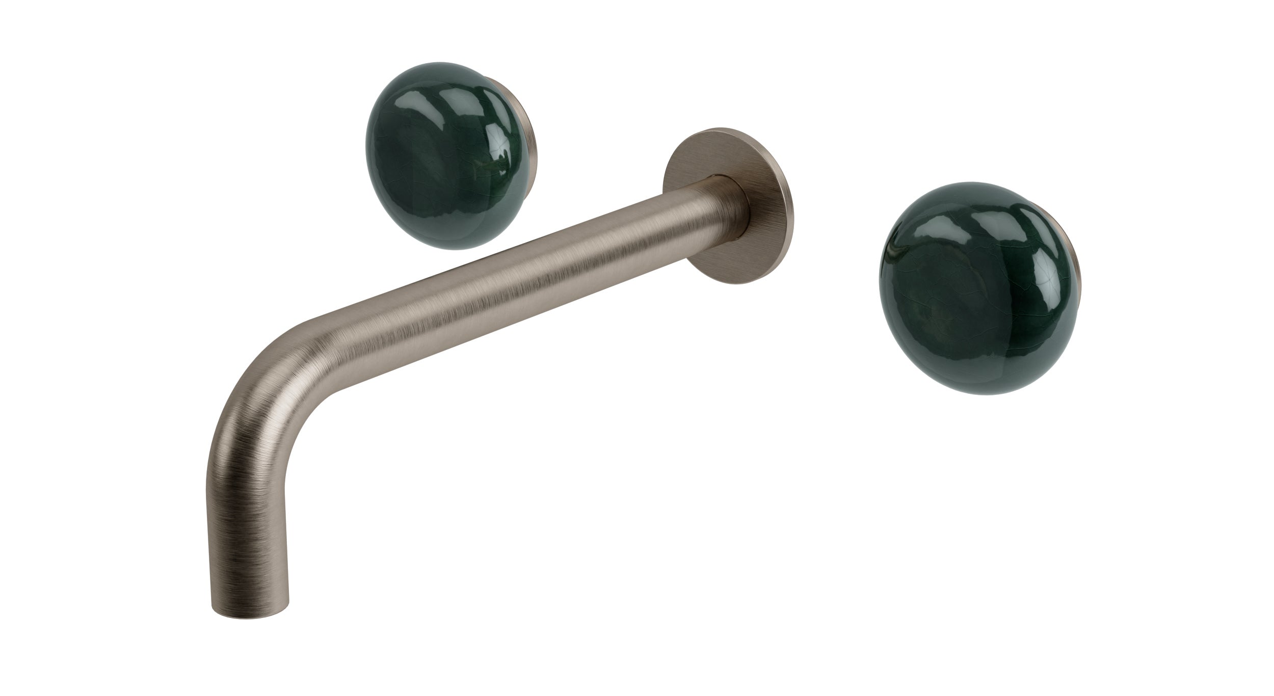 Foundry Two Handle Wall Mount 7.5" Lavatory Faucet with Pebble Ceramic Knob Handles in Antique Nickel