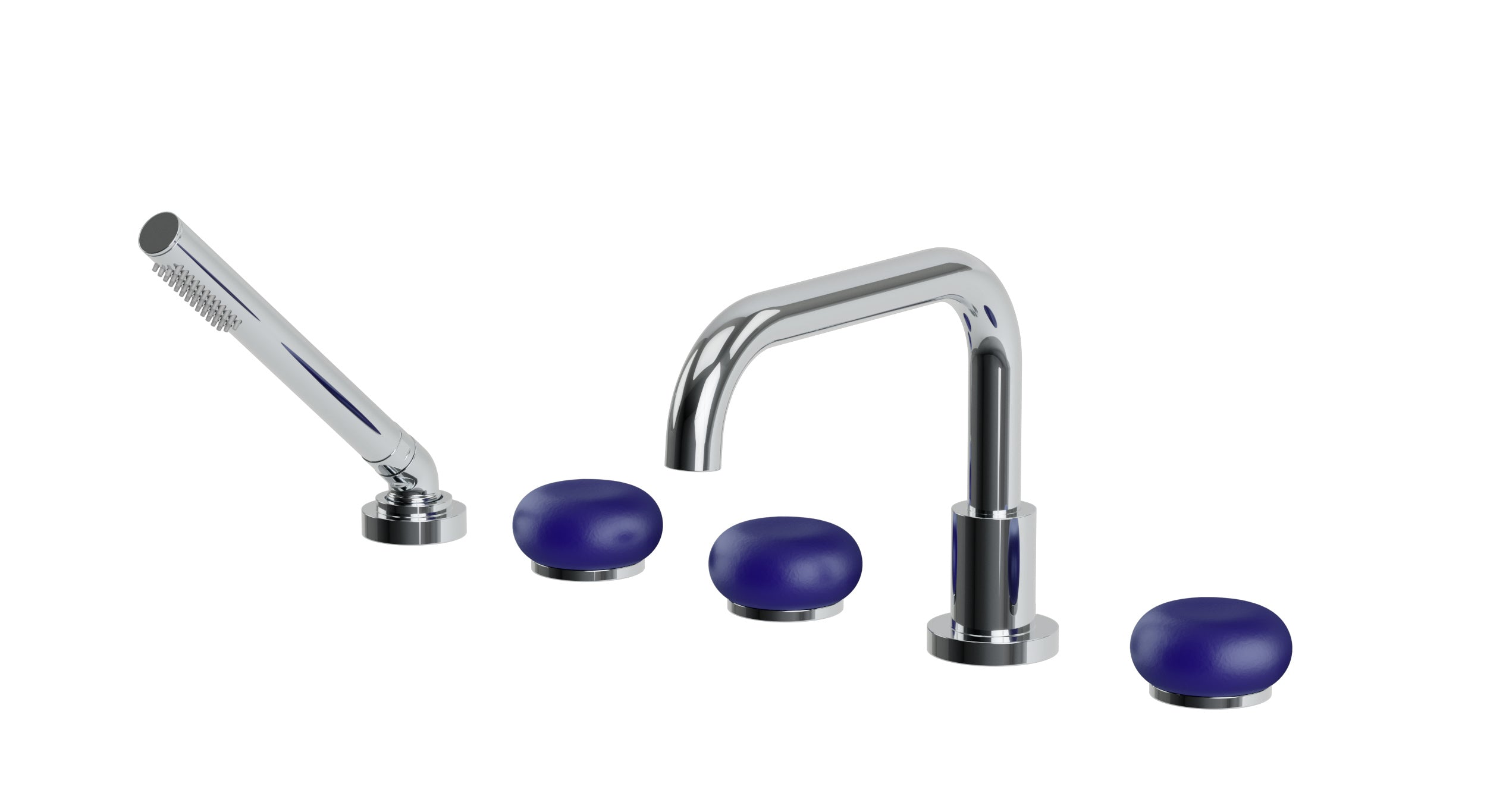 Foundry Three Handle Deck Mount Squaretop Bath Trim with Hand Shower and Pebble Ceramic Knob Handles
