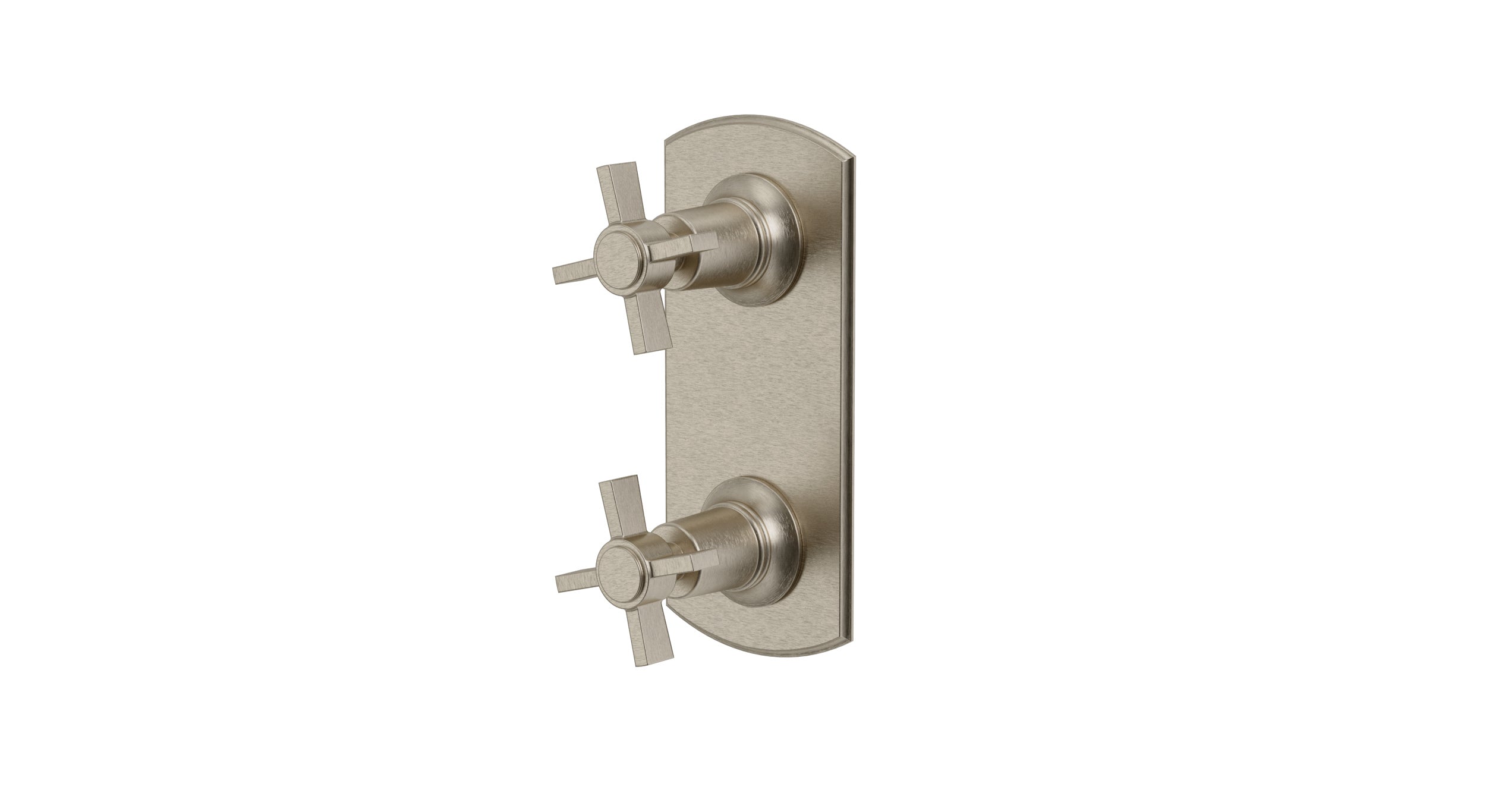 Emerson Two Handle Wall Mount Shower Trim with Defined Cross Handles in Satin Nickel