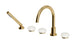 Foundry Three Handle Deck Mount Gooseneck Bath Trim with Hand Shower and Pebble Ceramic Knob Handles in Satin Brass
