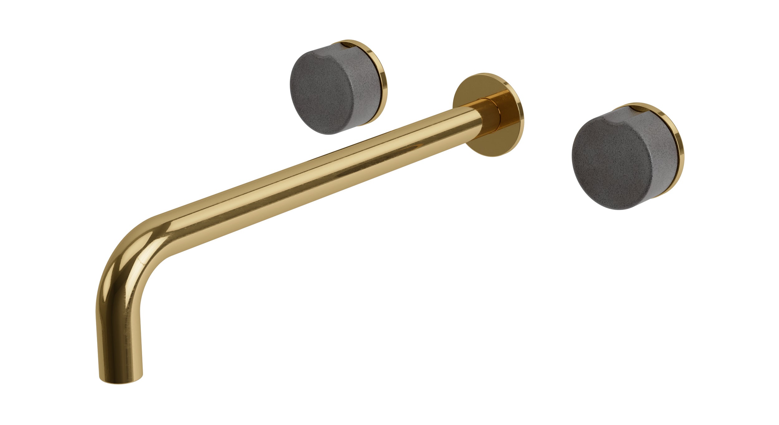 Foundry Two Handle Wall Mount 12" Lavatory Faucet with Groove Ceramic Knob Handles in Uncoated Polished Brass