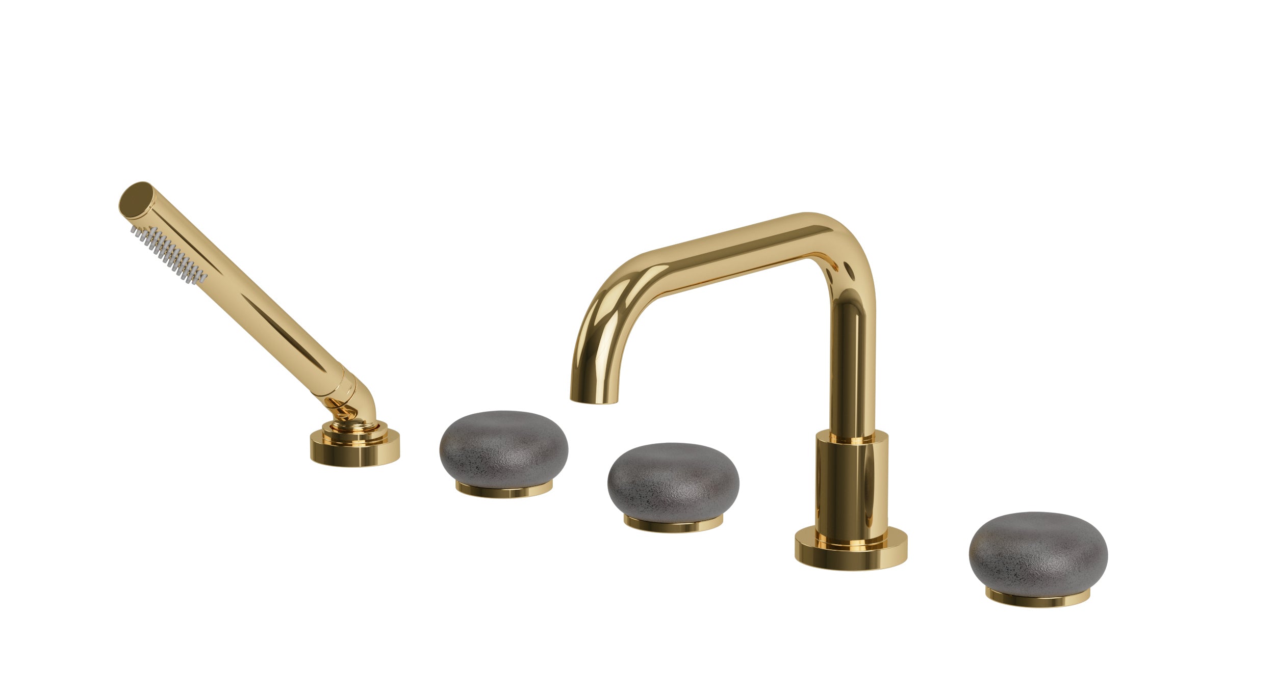 Foundry Three Handle Deck Mount Squaretop Bath Trim with Hand Shower and Pebble Ceramic Knob Handles in Polished Brass